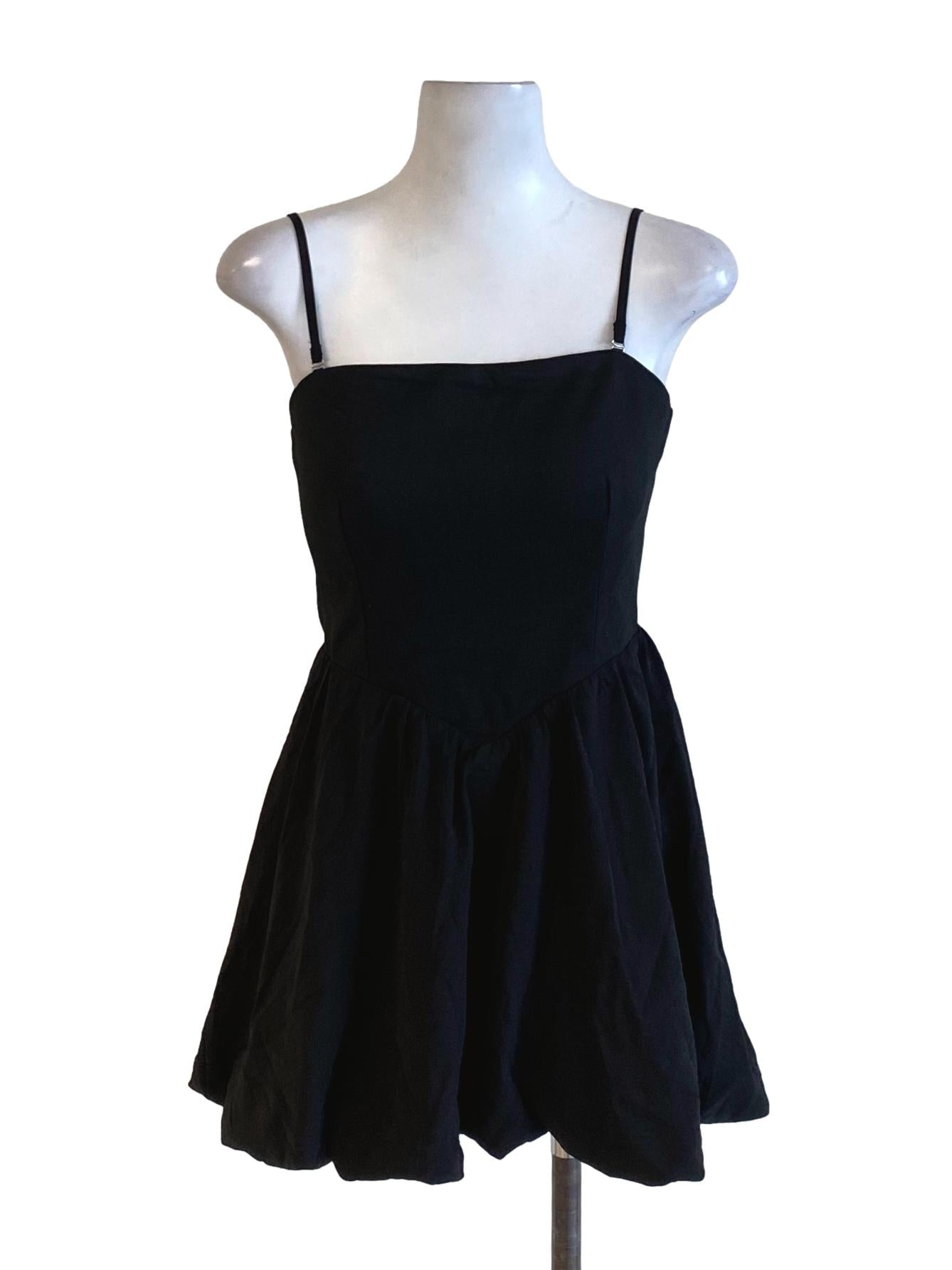 Rich Black Spaghetti Strap Balloon A-Line Dress