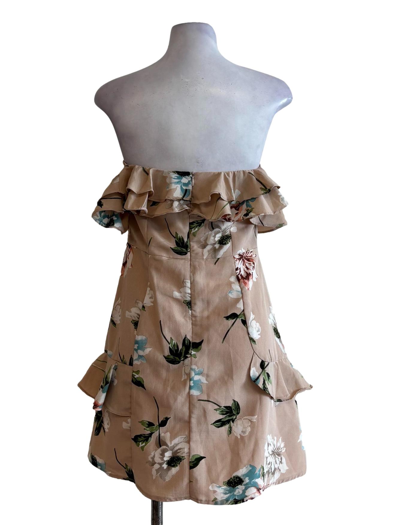 Champagne Brown Off Shoulder Floral Dress