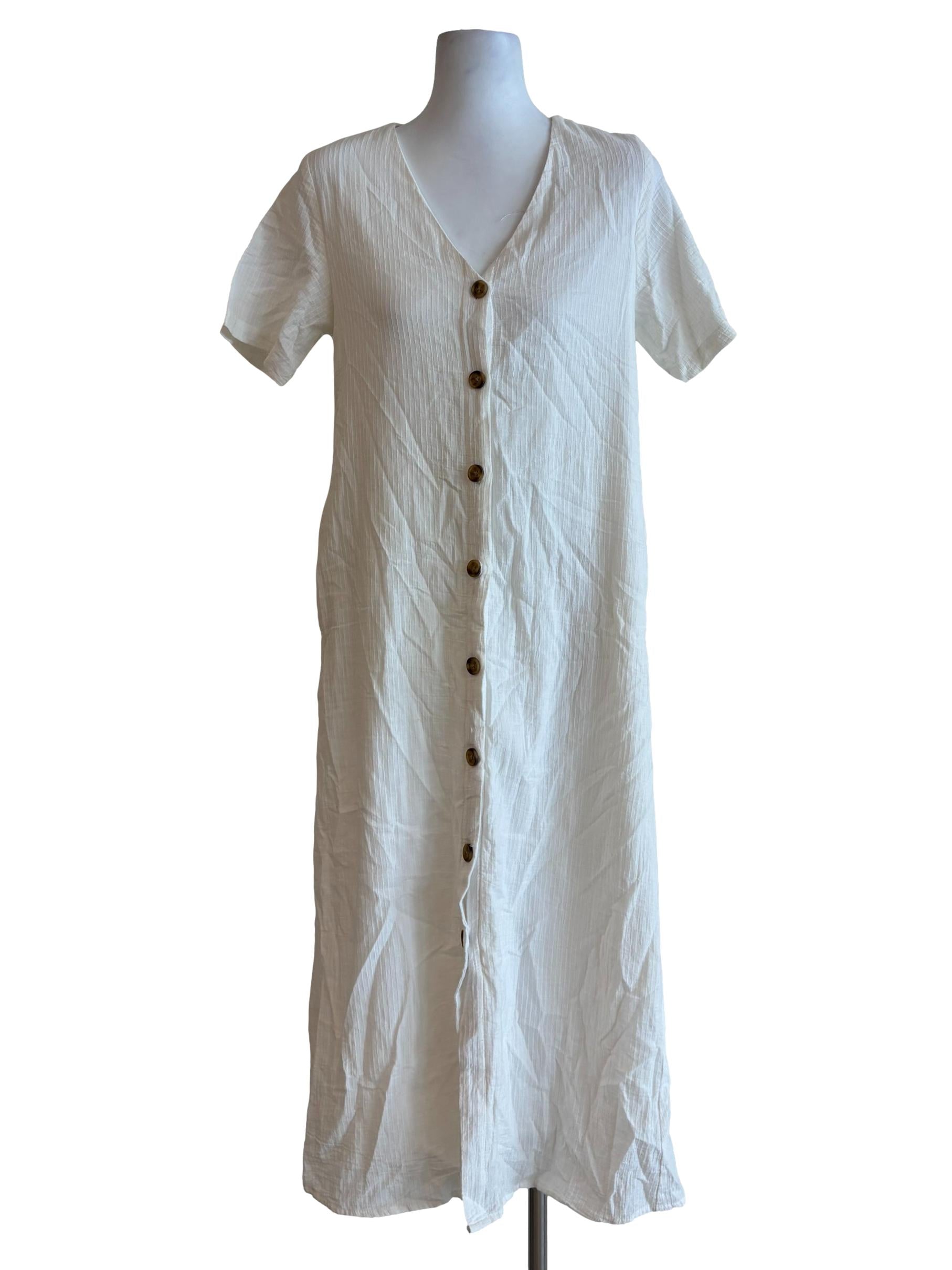 Powder White Cotton Buttoned Dress