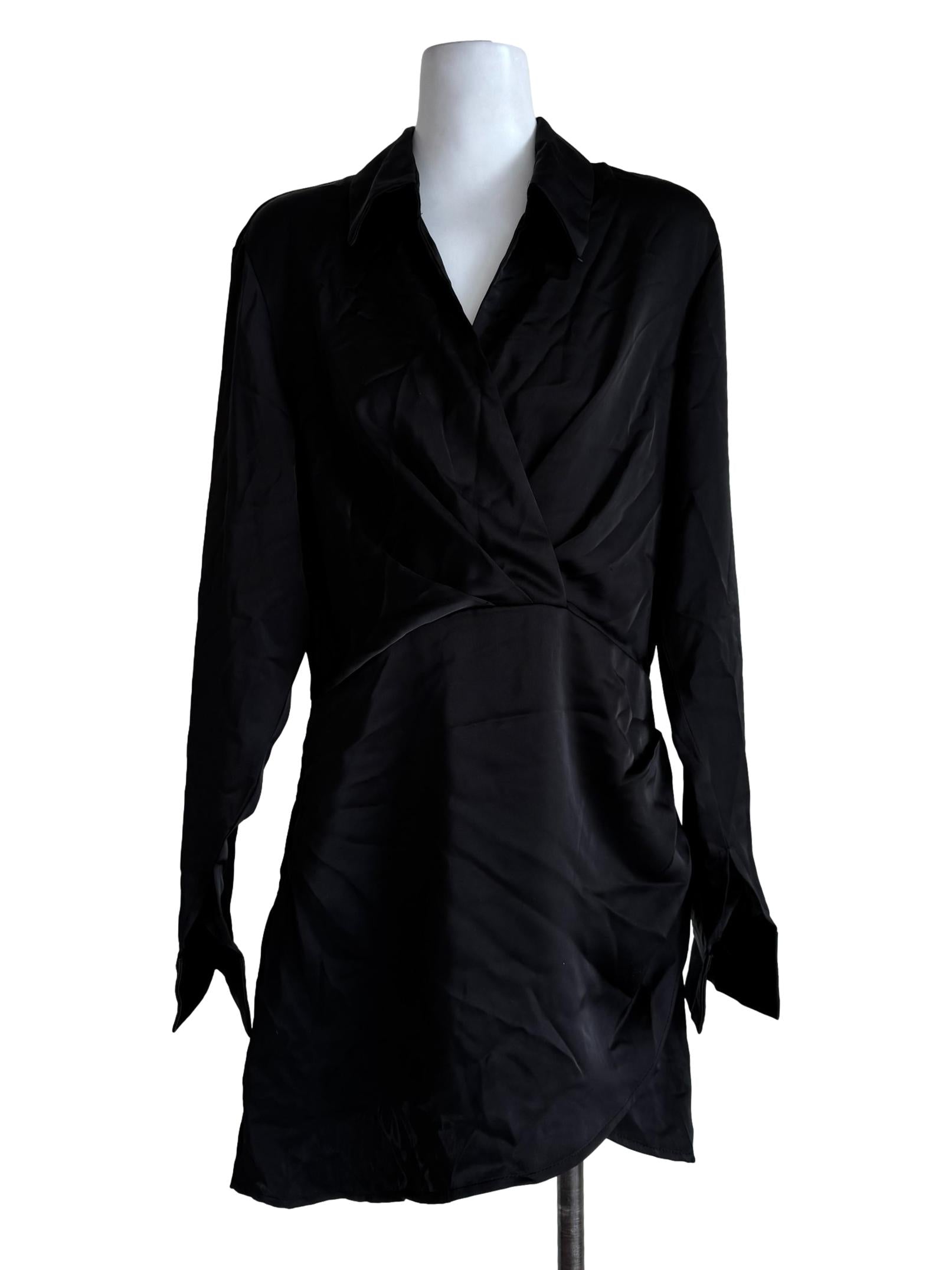 Shiny Black Long Sleeve Shirt Dress