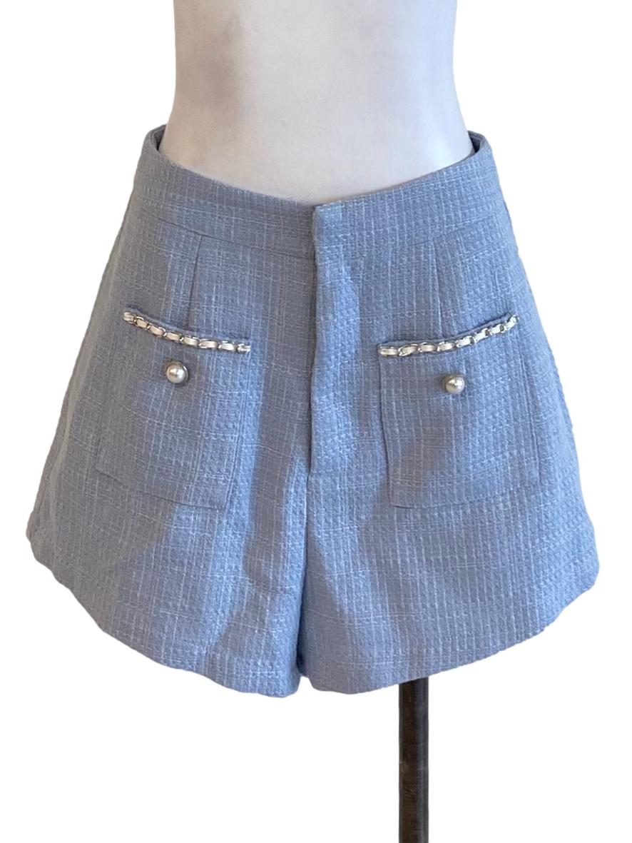 Sky Blue Boucle Buttoned Waist Tweed Shorts