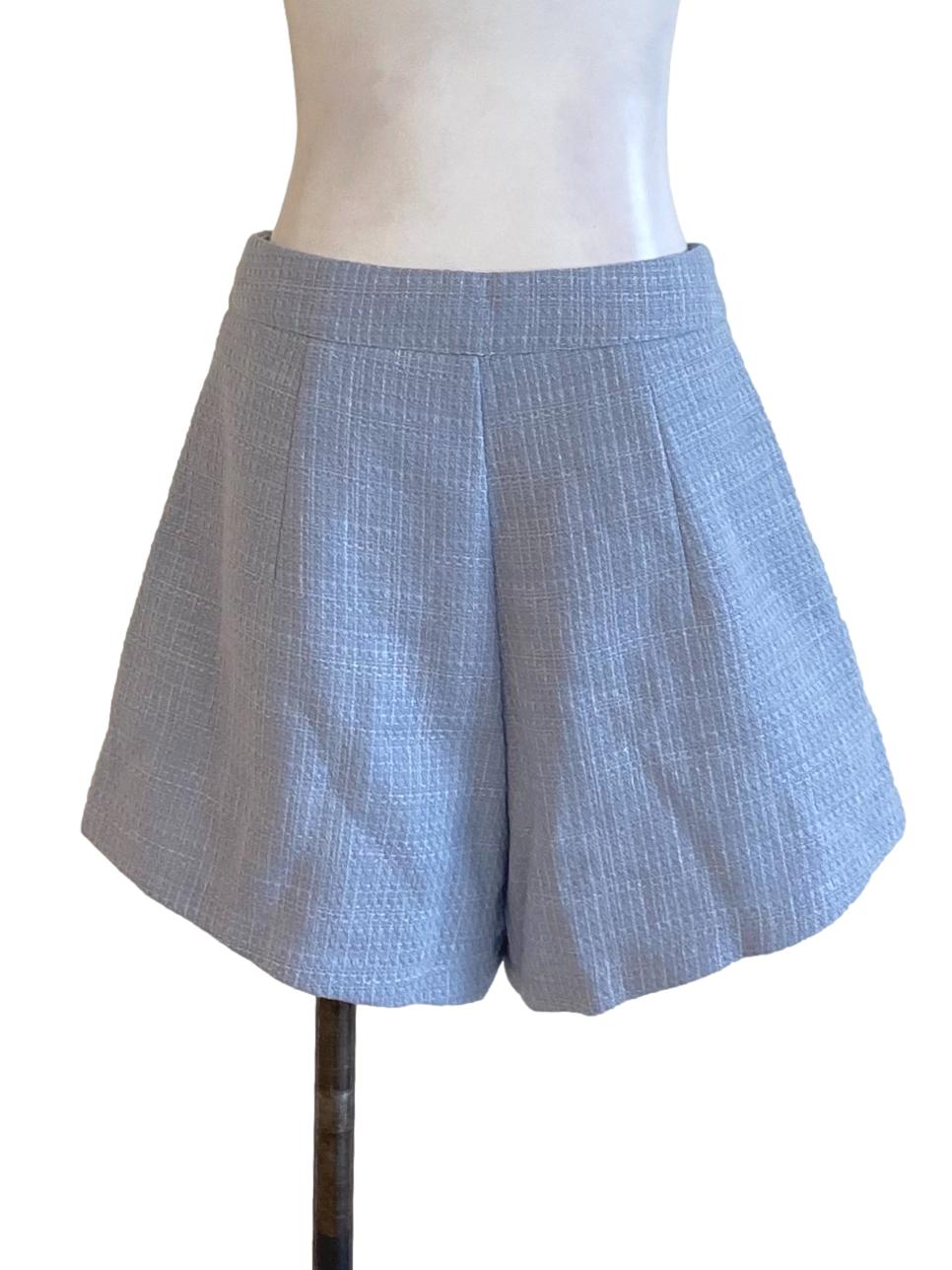 Sky Blue Boucle Buttoned Waist Tweed Shorts
