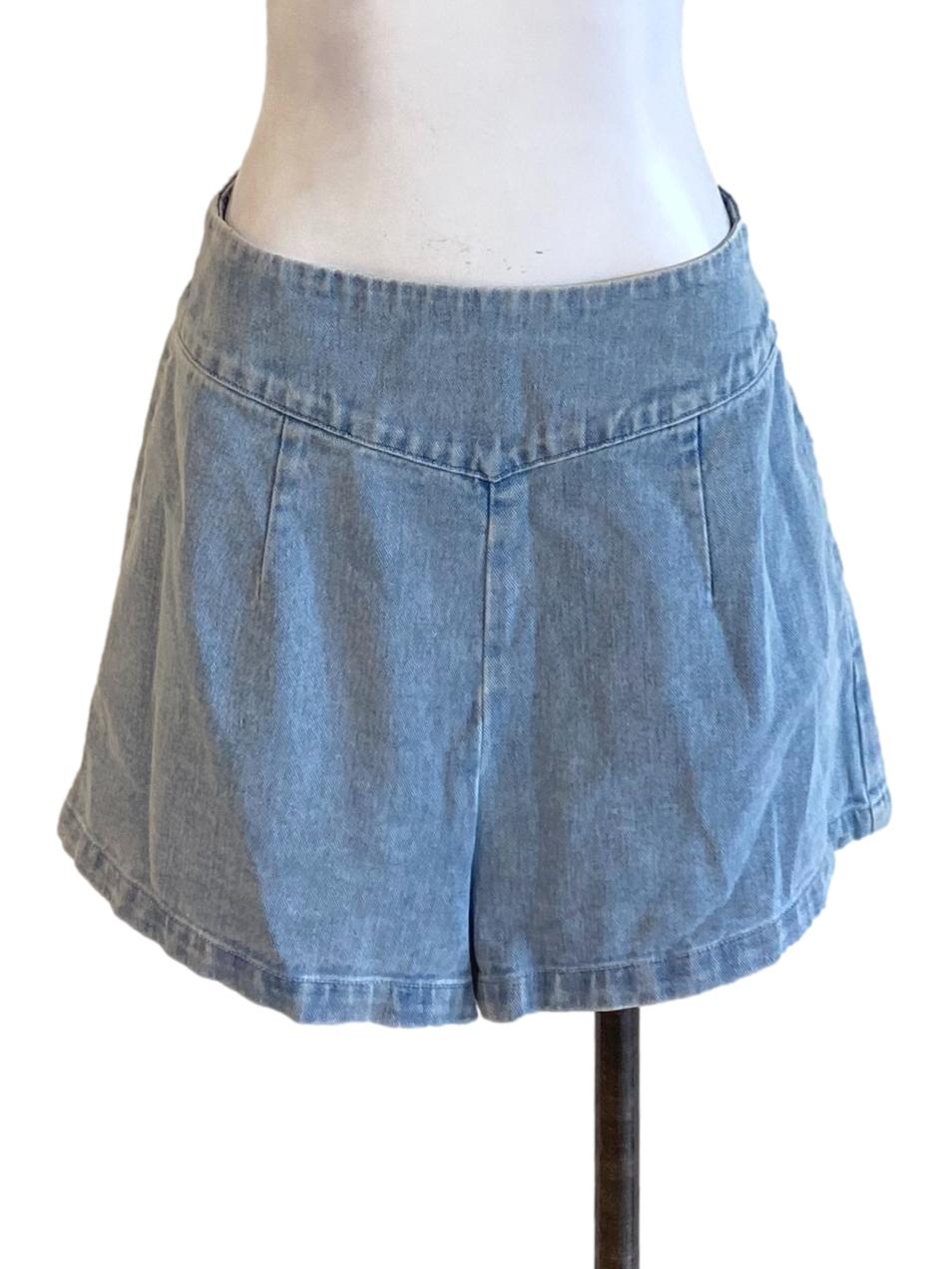 Light Denim Blue Zip Up Loose Yoke Waist Mini Jorts