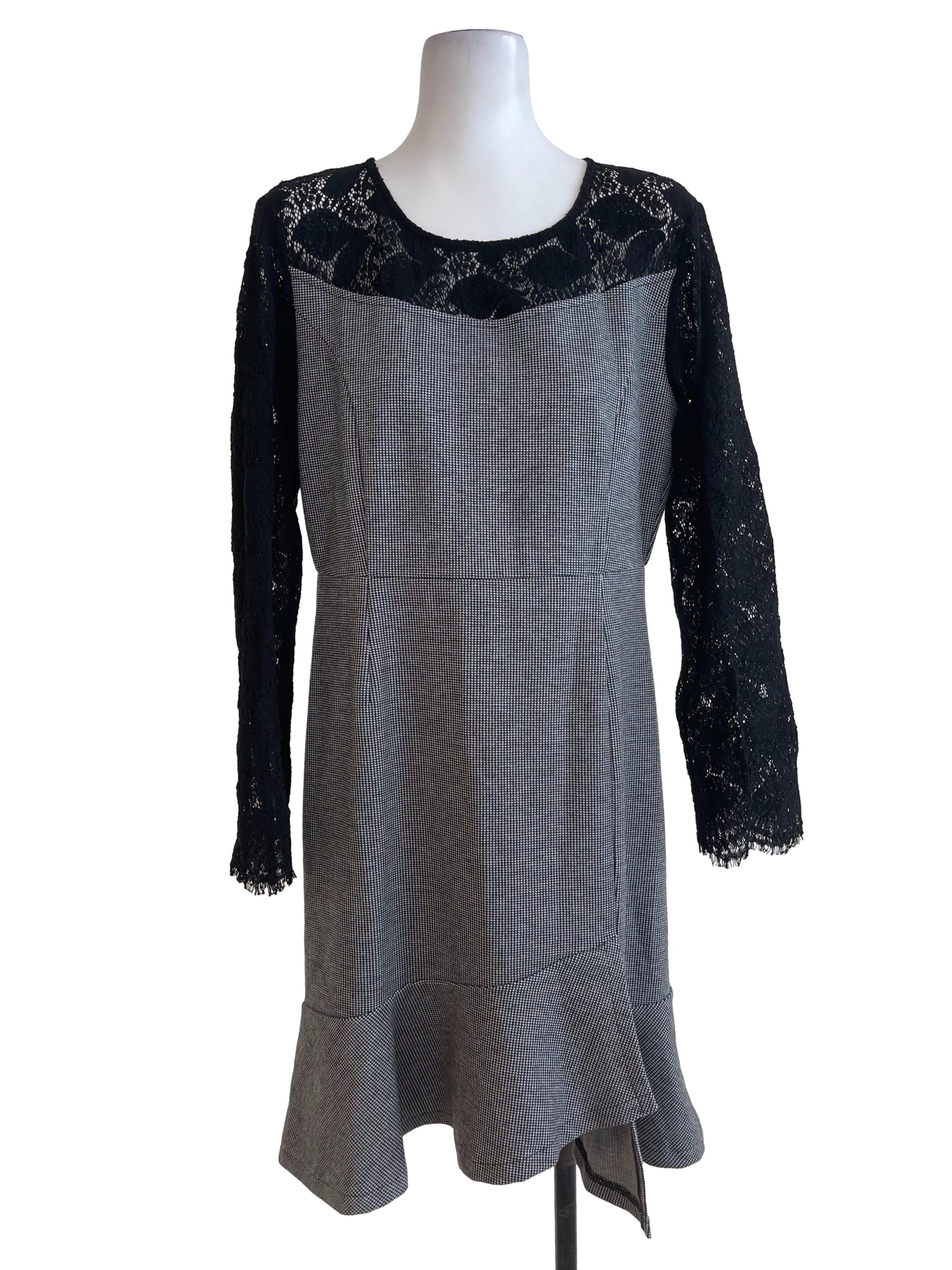 Black Houndstooth Dress With Lace Sleeve