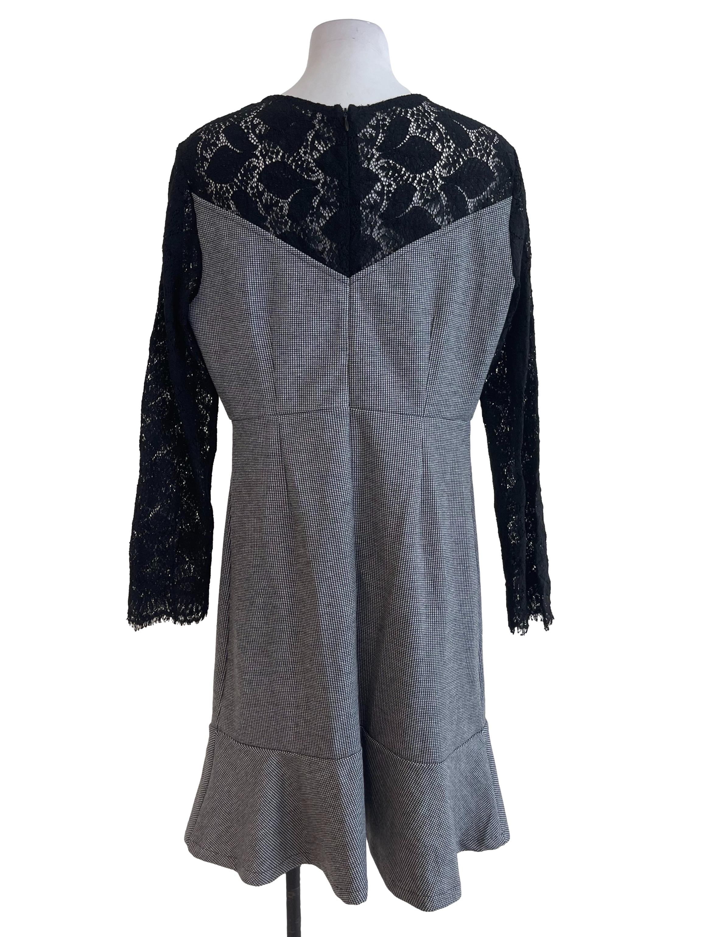 Black Houndstooth Dress With Lace Sleeve
