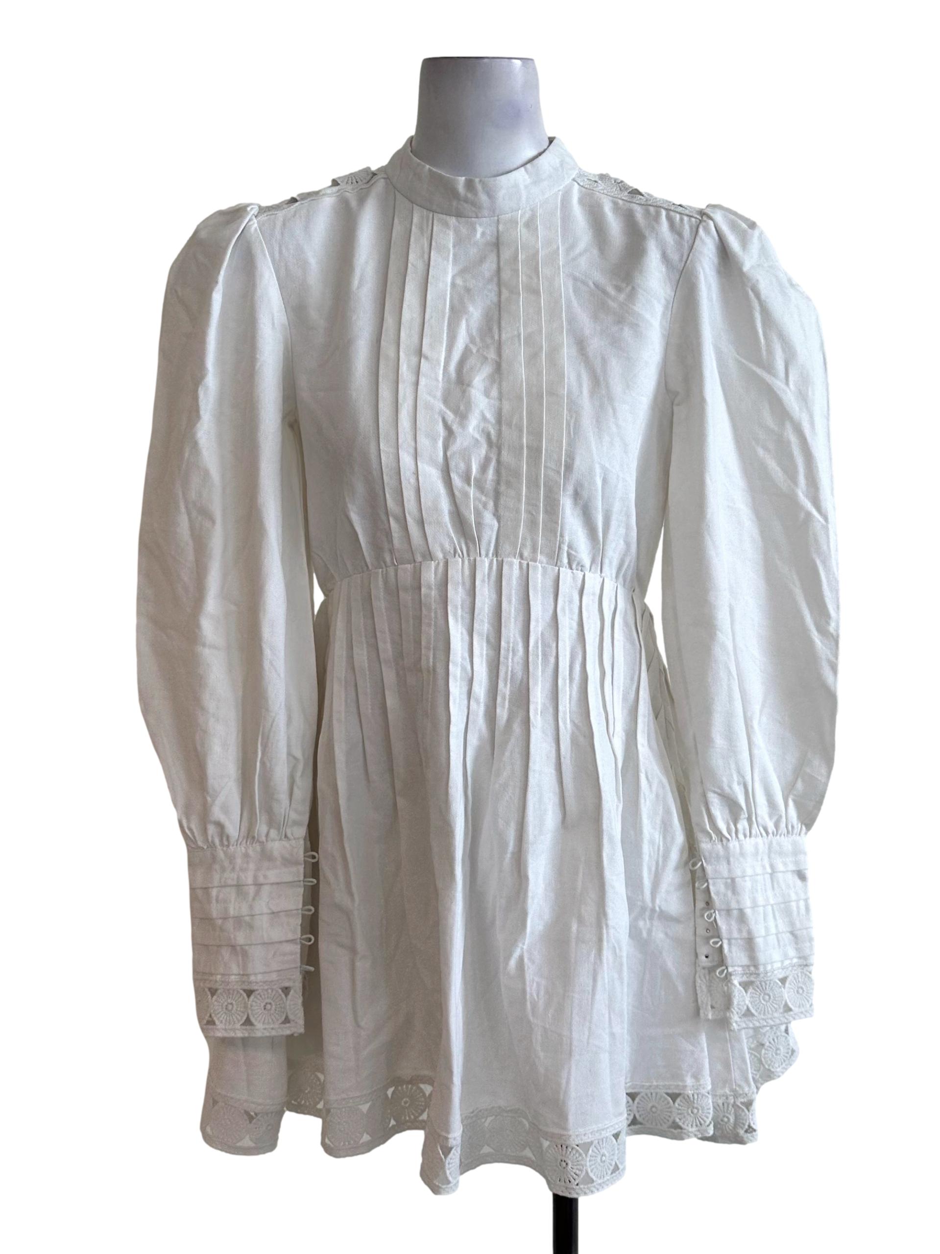Off White Pleated High Neck Long Sleeve Dress