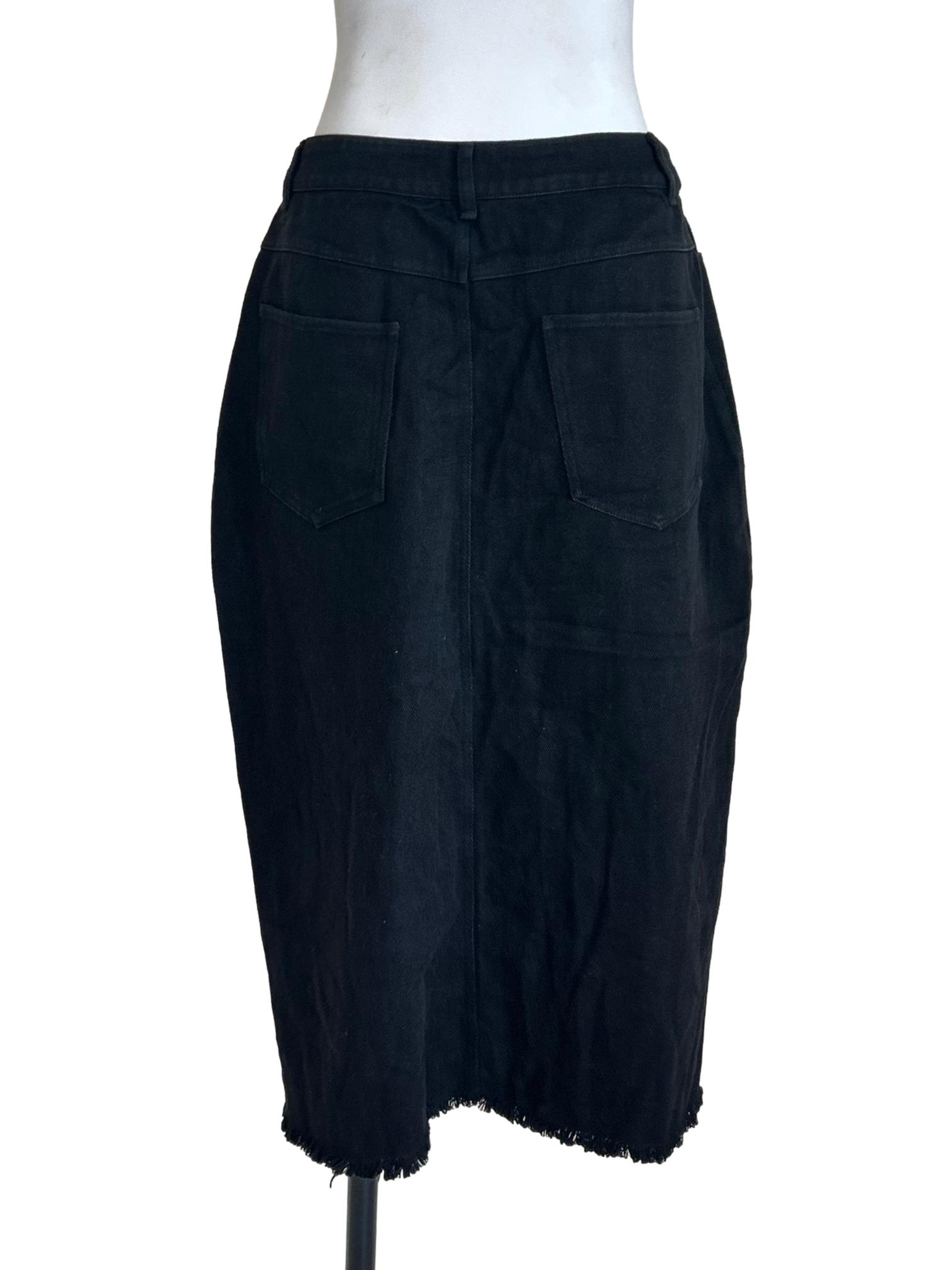 Black Denim Front-Slit Midi Skirt TCL