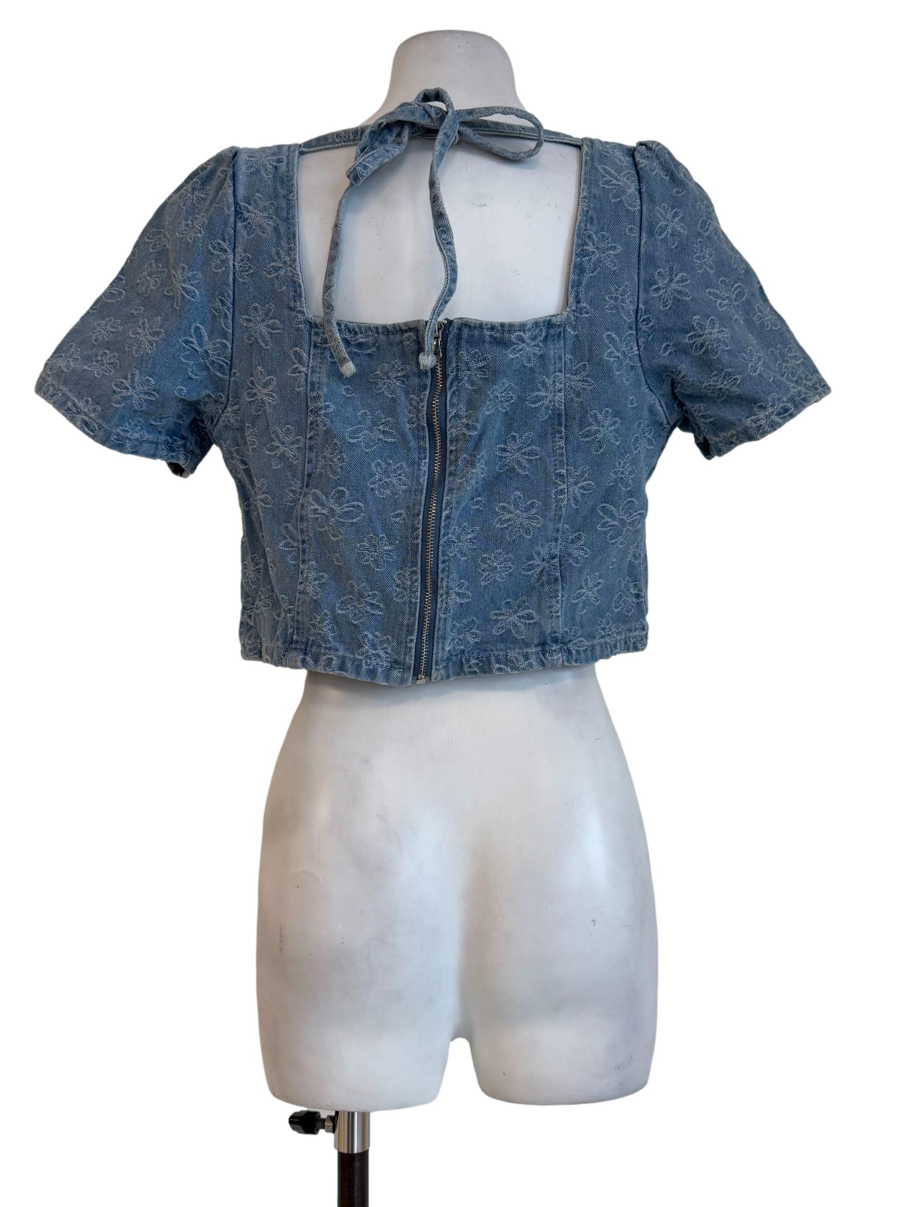 Washed Denim Flower Embroidery Short Sleeve Top