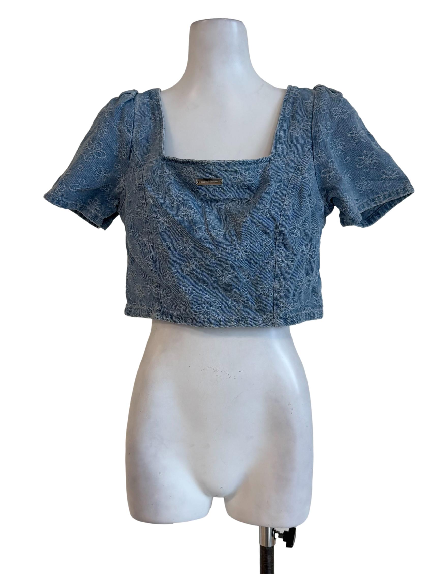 Washed Denim Flower Embroidery Short Sleeve Top