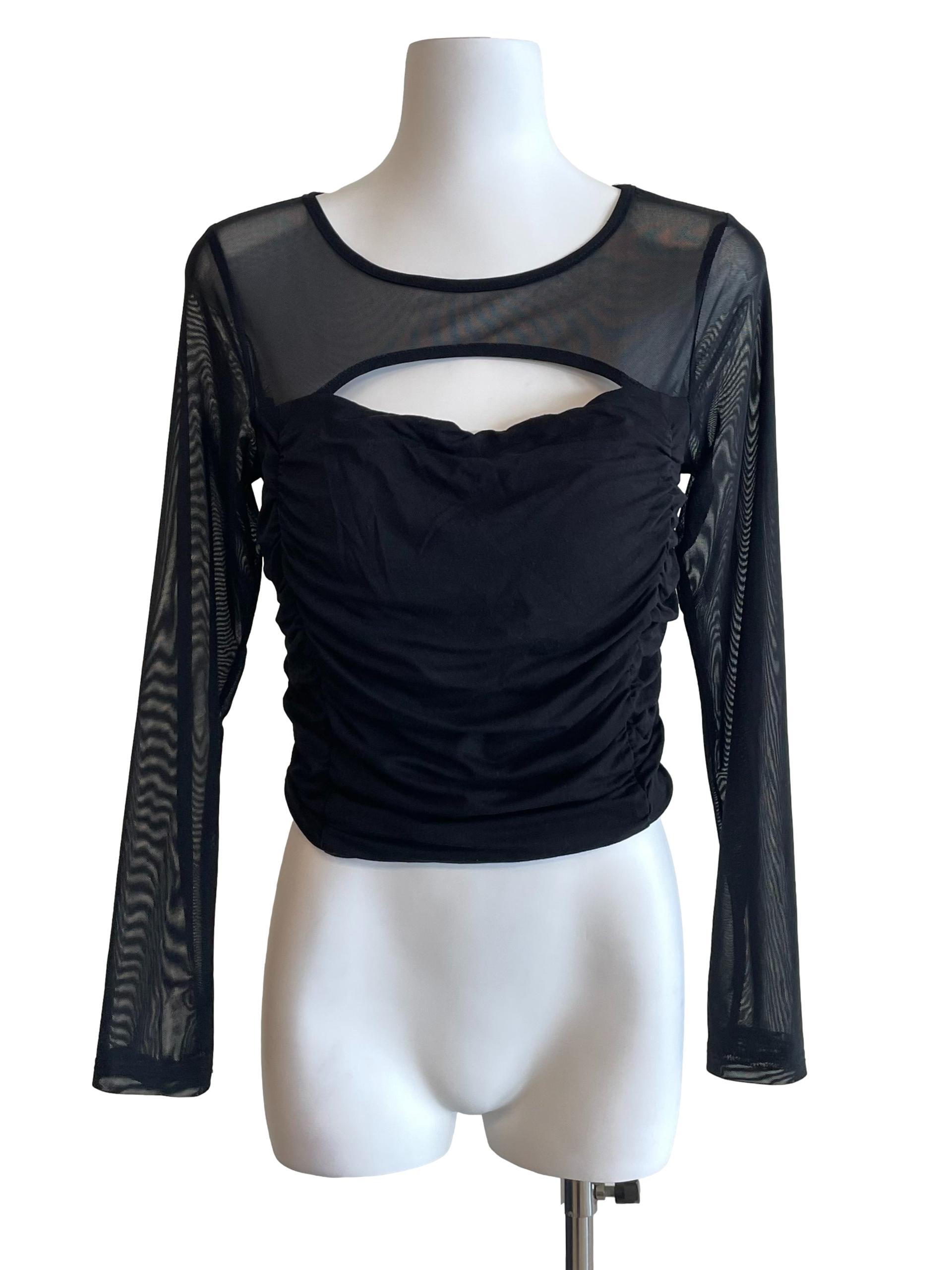 Black Scrunch Mesh Sleeves Top