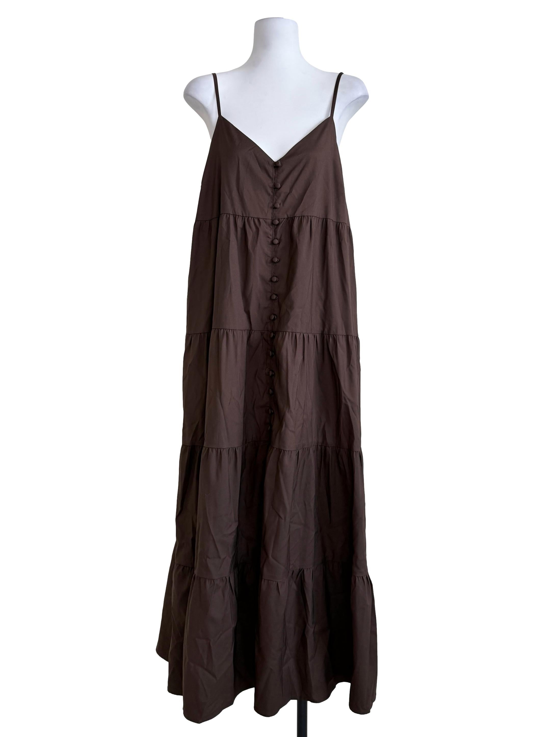 Mocha Brown Buttoned Tiered Dress