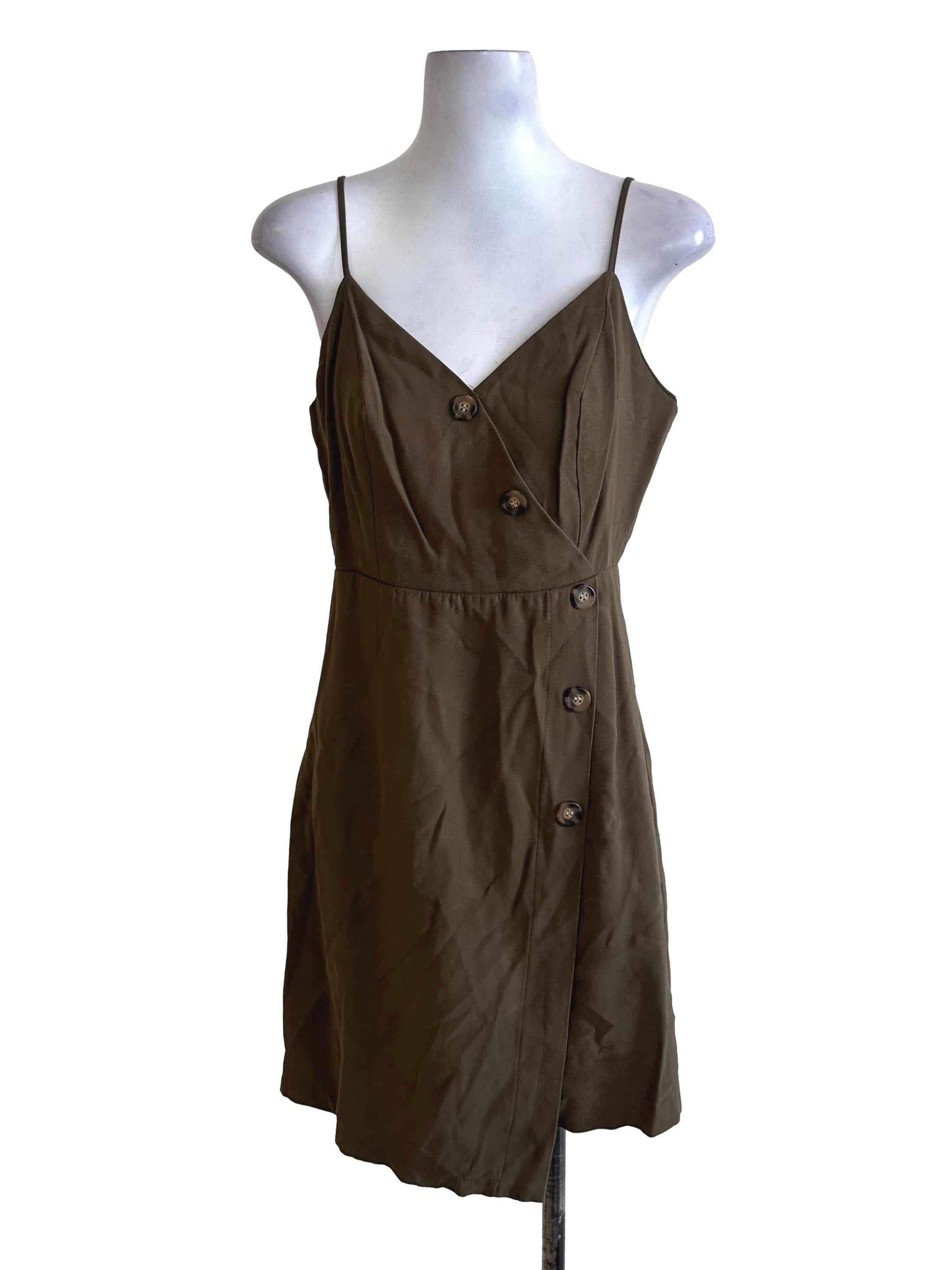 Moss Green V Neck Button Dress TEM