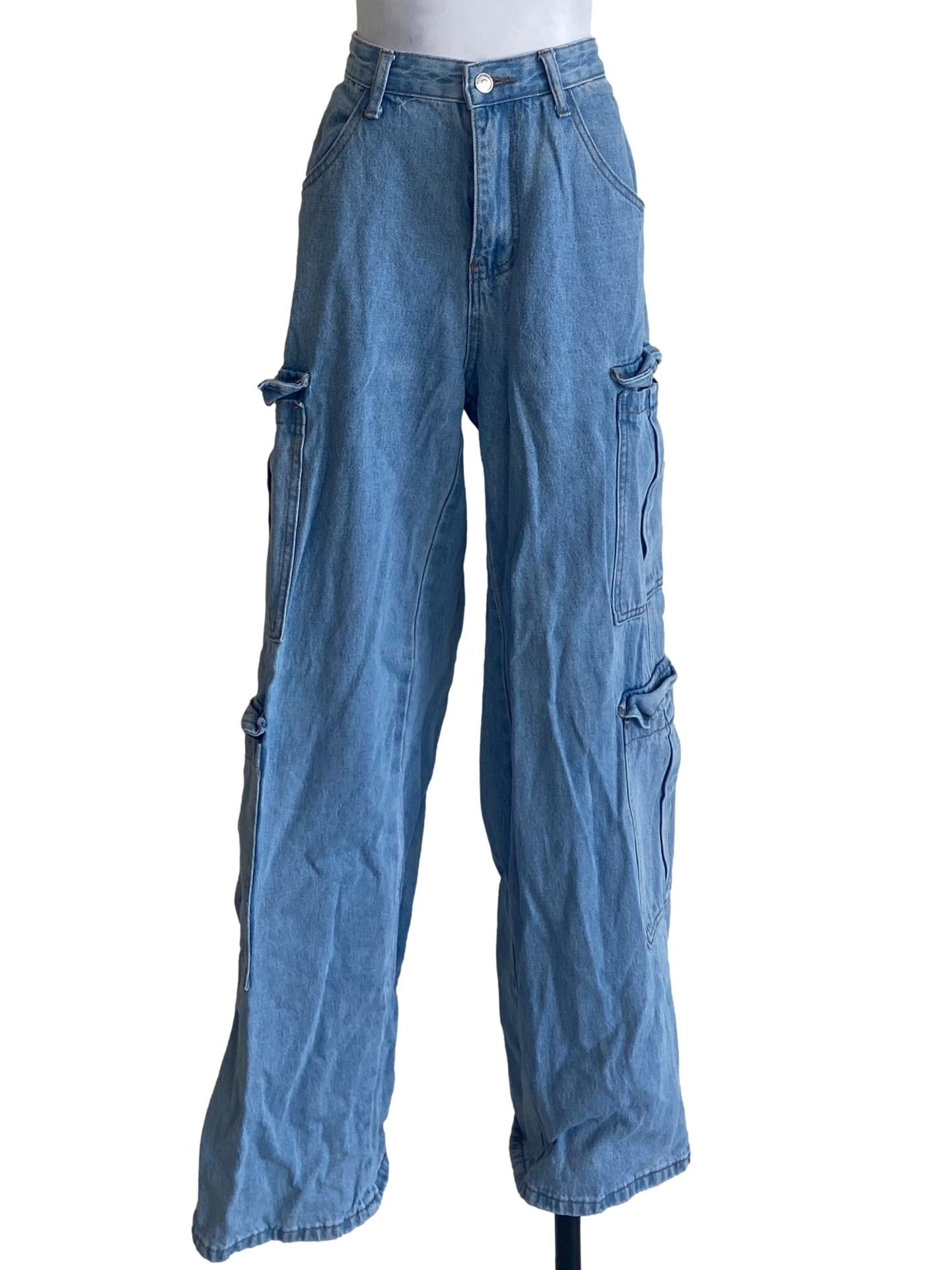 Blue Herringbone Cargo Jeans