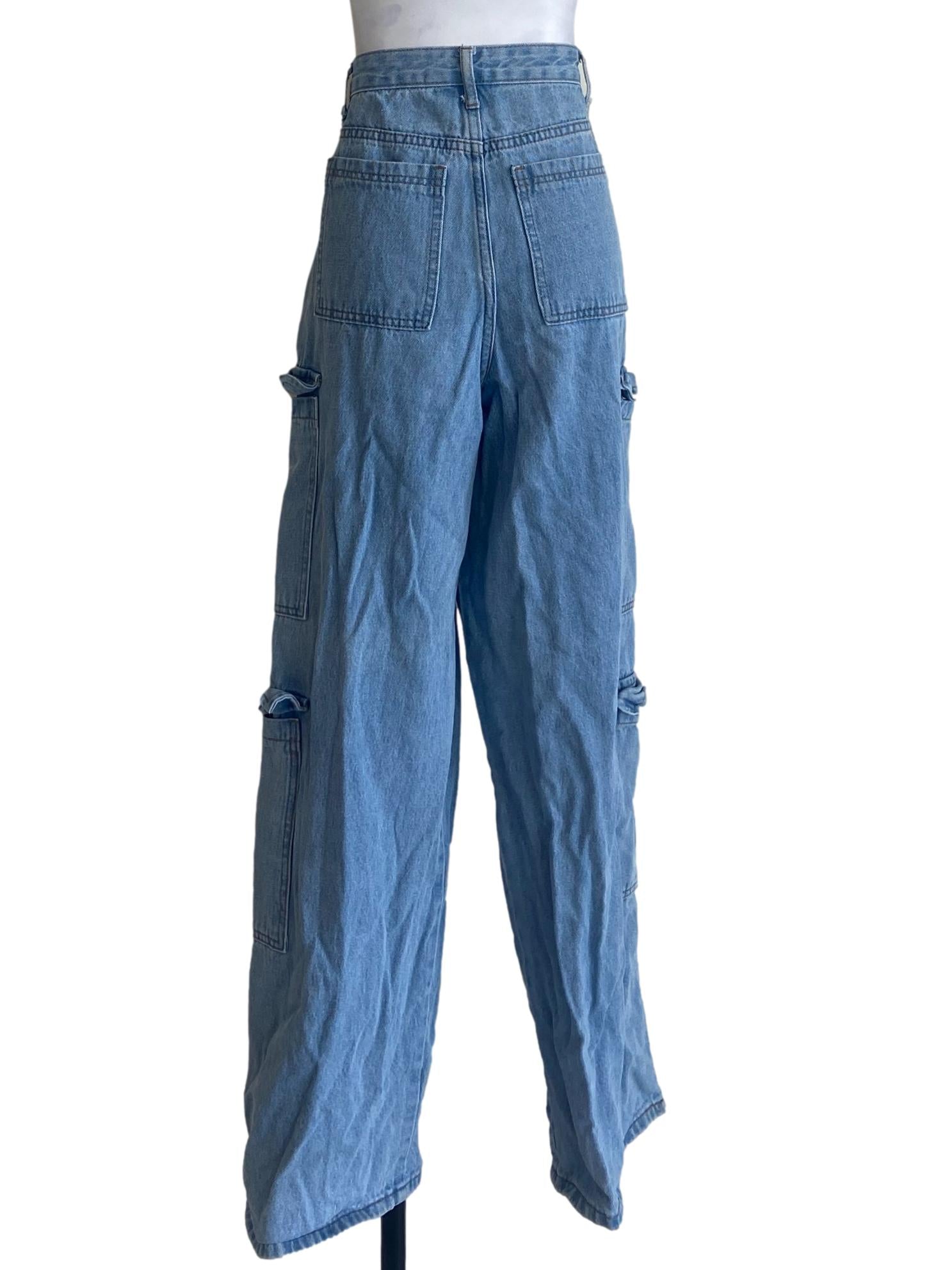 Blue Herringbone Cargo Jeans