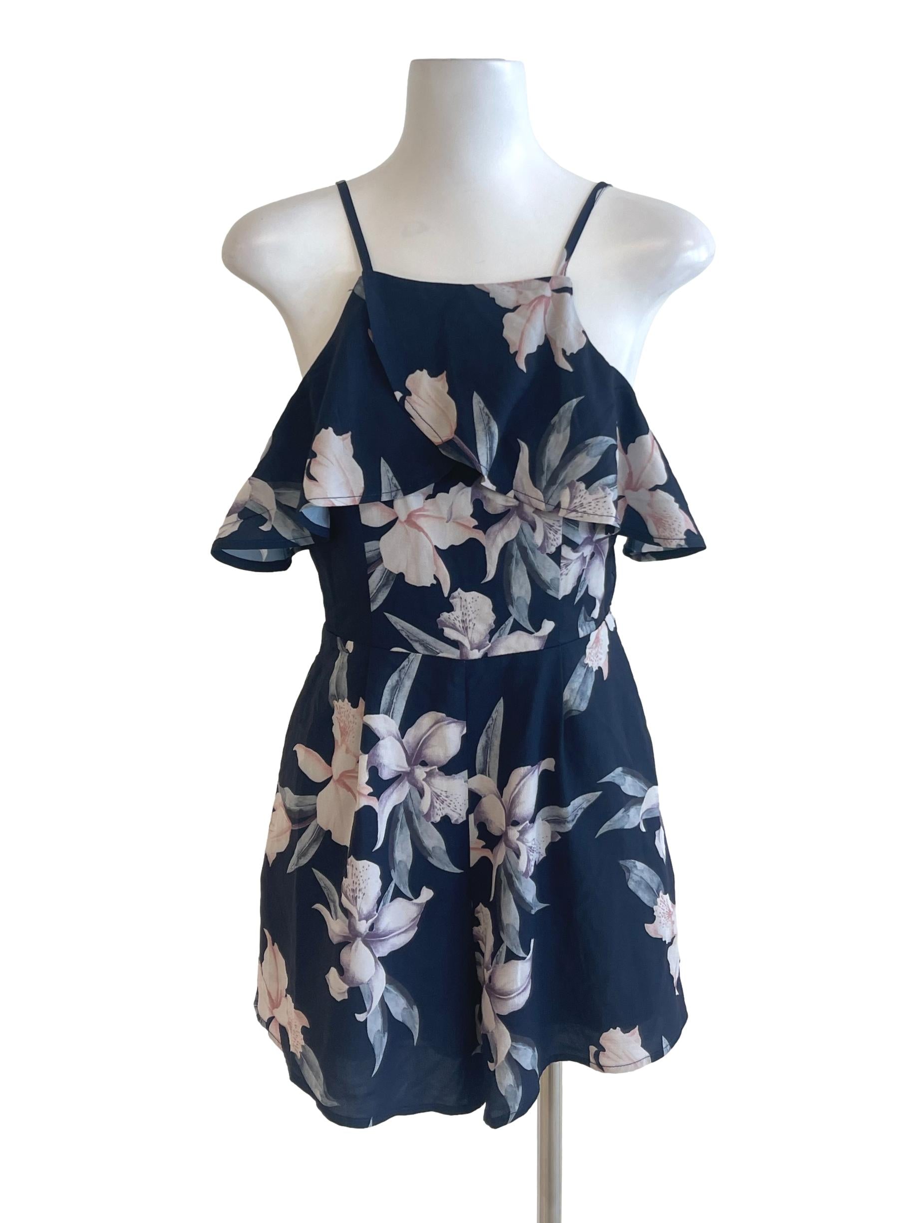 Navy Blue Floral Halter Neck Waterfall Rompers TTR