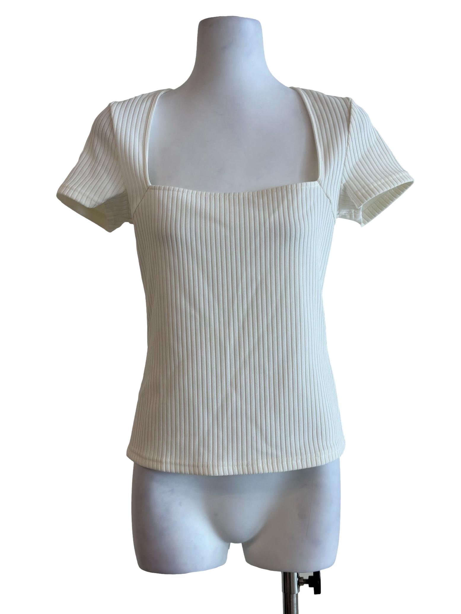 Rice White Square Neck Ribbed Top
