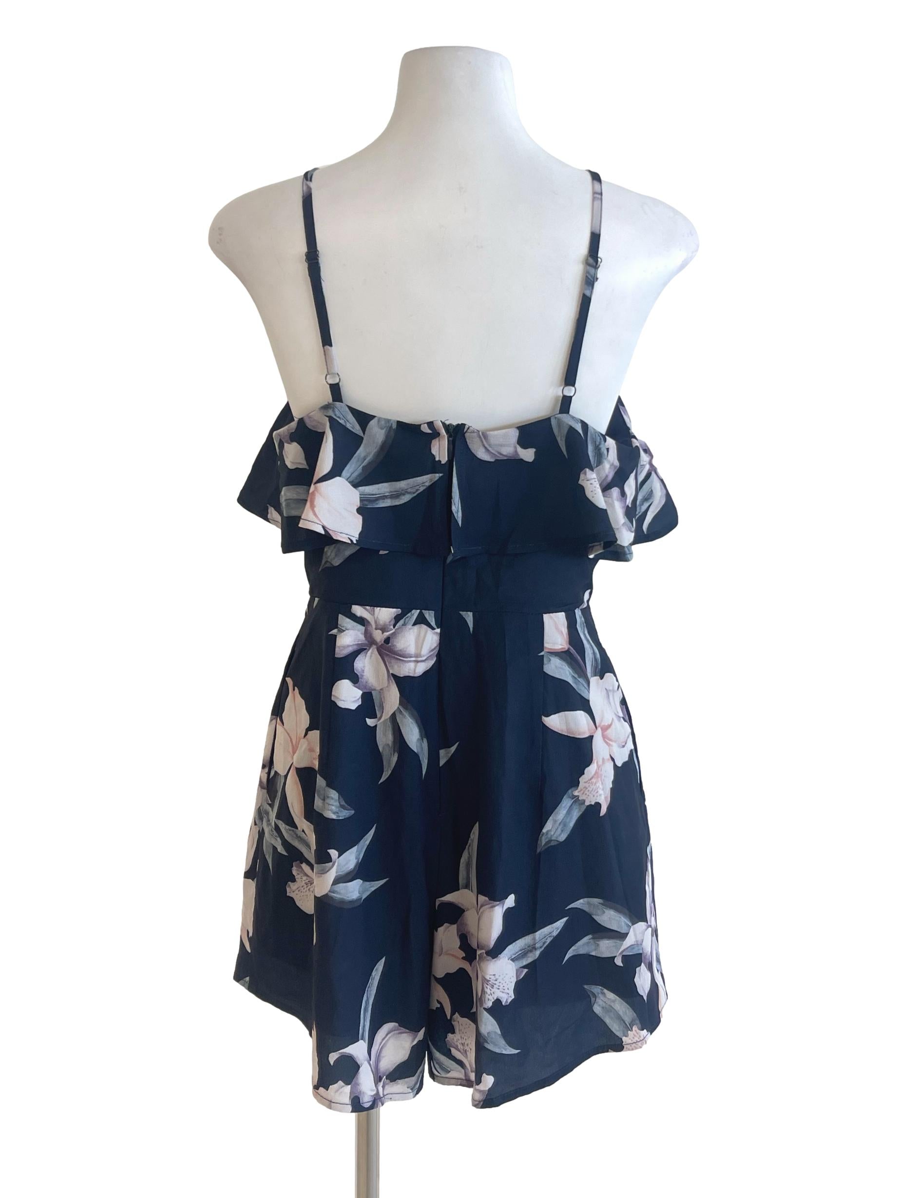 Navy Blue Floral Halter Neck Waterfall Rompers TTR