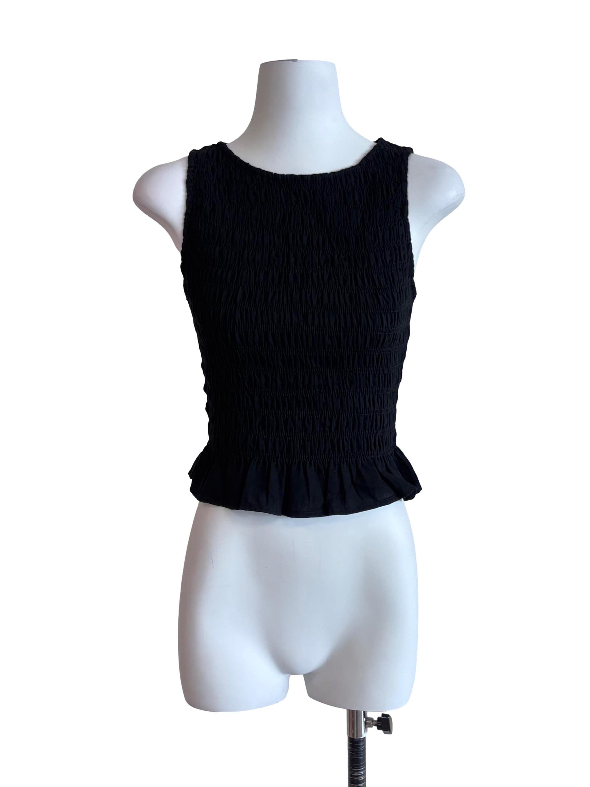 Black Annabelle Linen Boat Neck Ruffle Hem Smocked Top