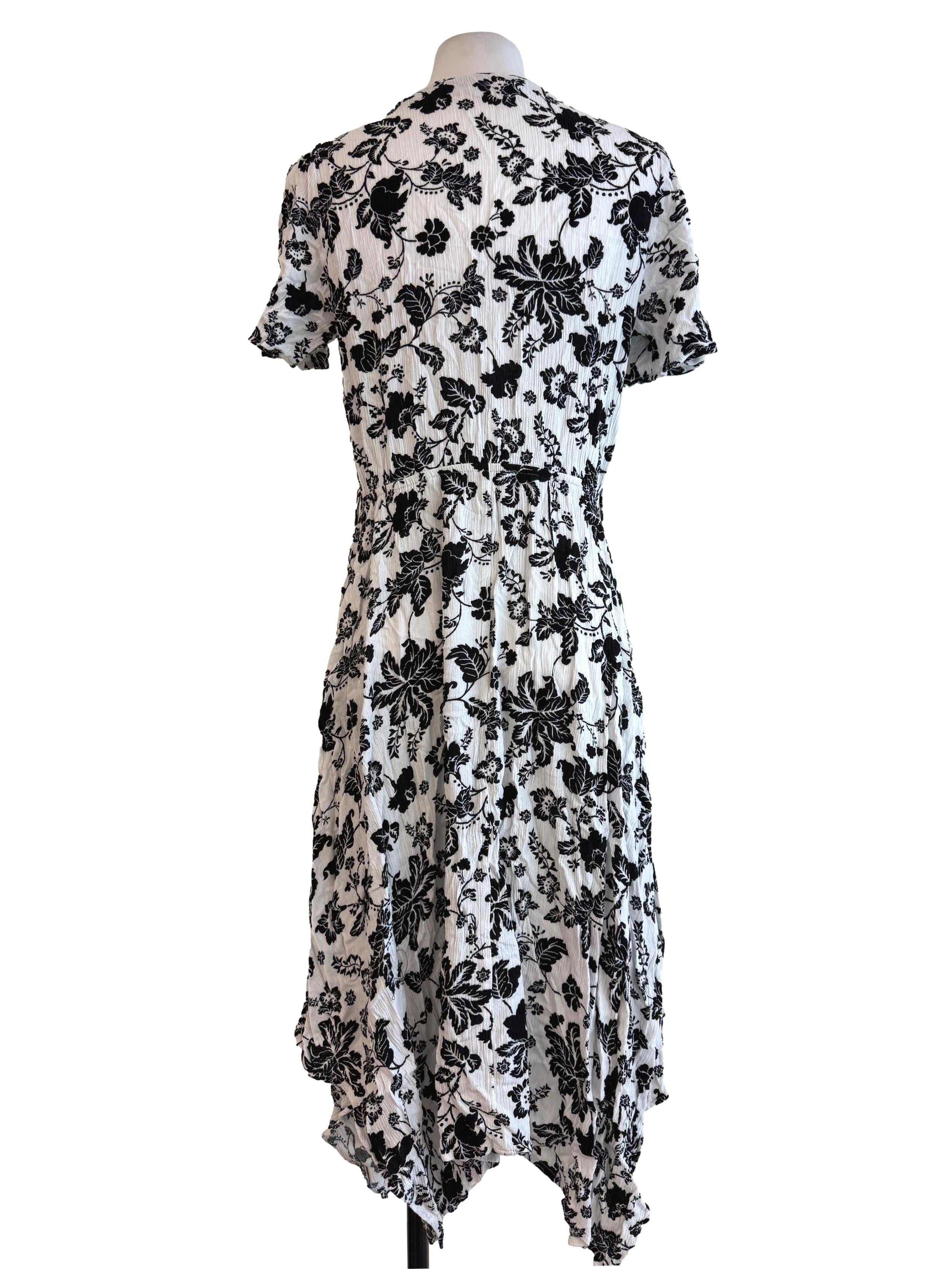 White With Black Floral Motif Long Beach Dress