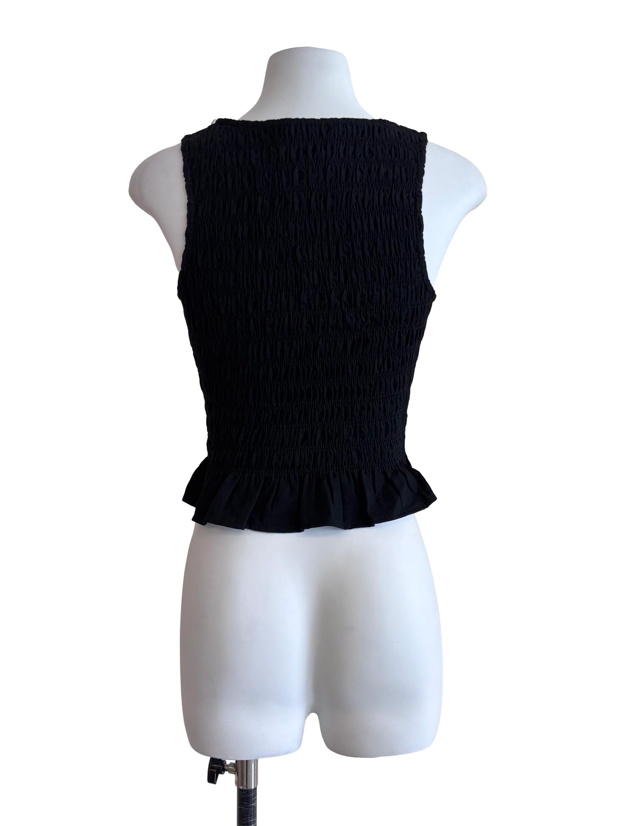 Black Annabelle Linen Boat Neck Ruffle Hem Smocked Top