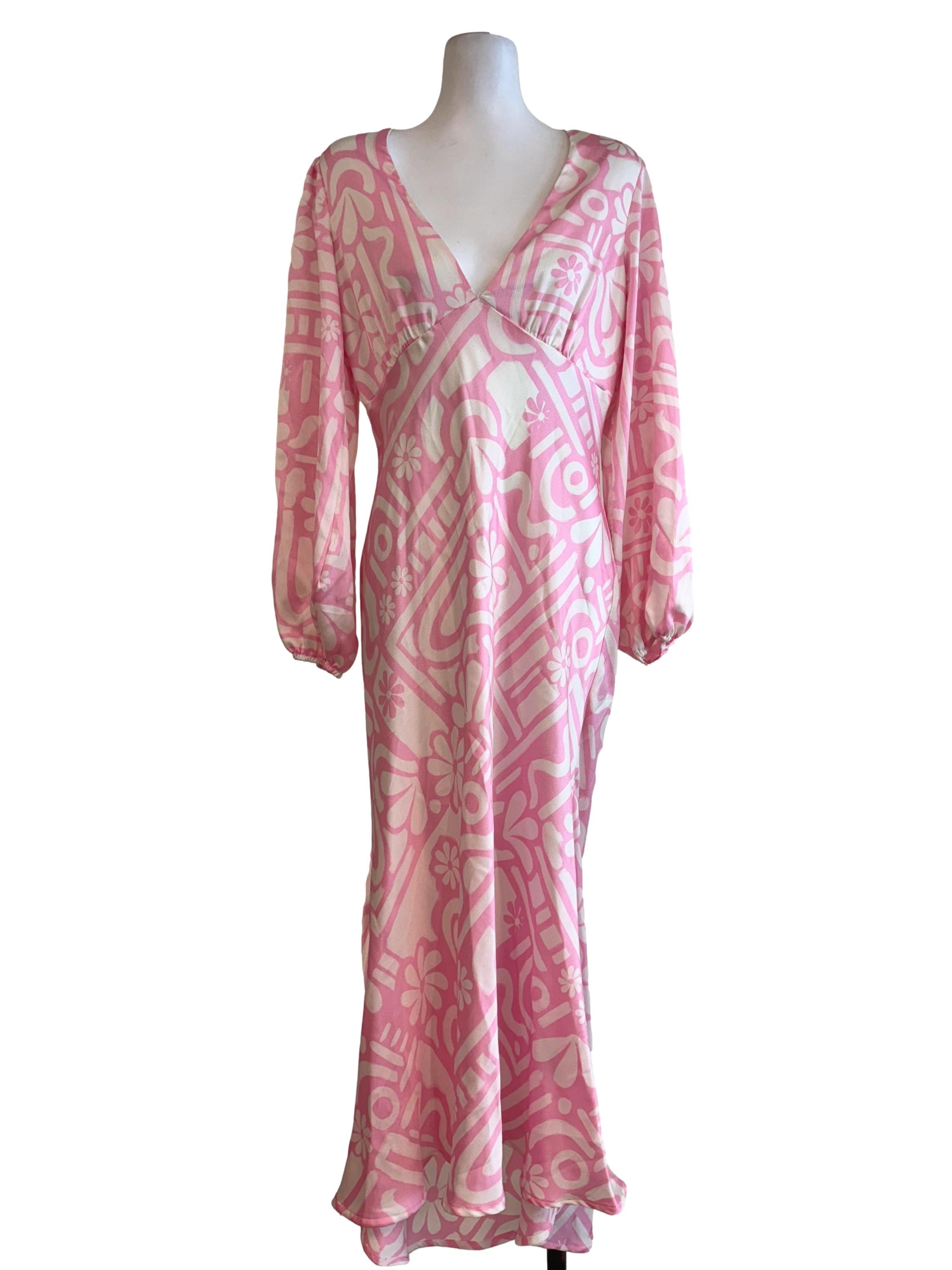 Bubblegum Pink And Cream With Floral Motif V Neck Long Dress