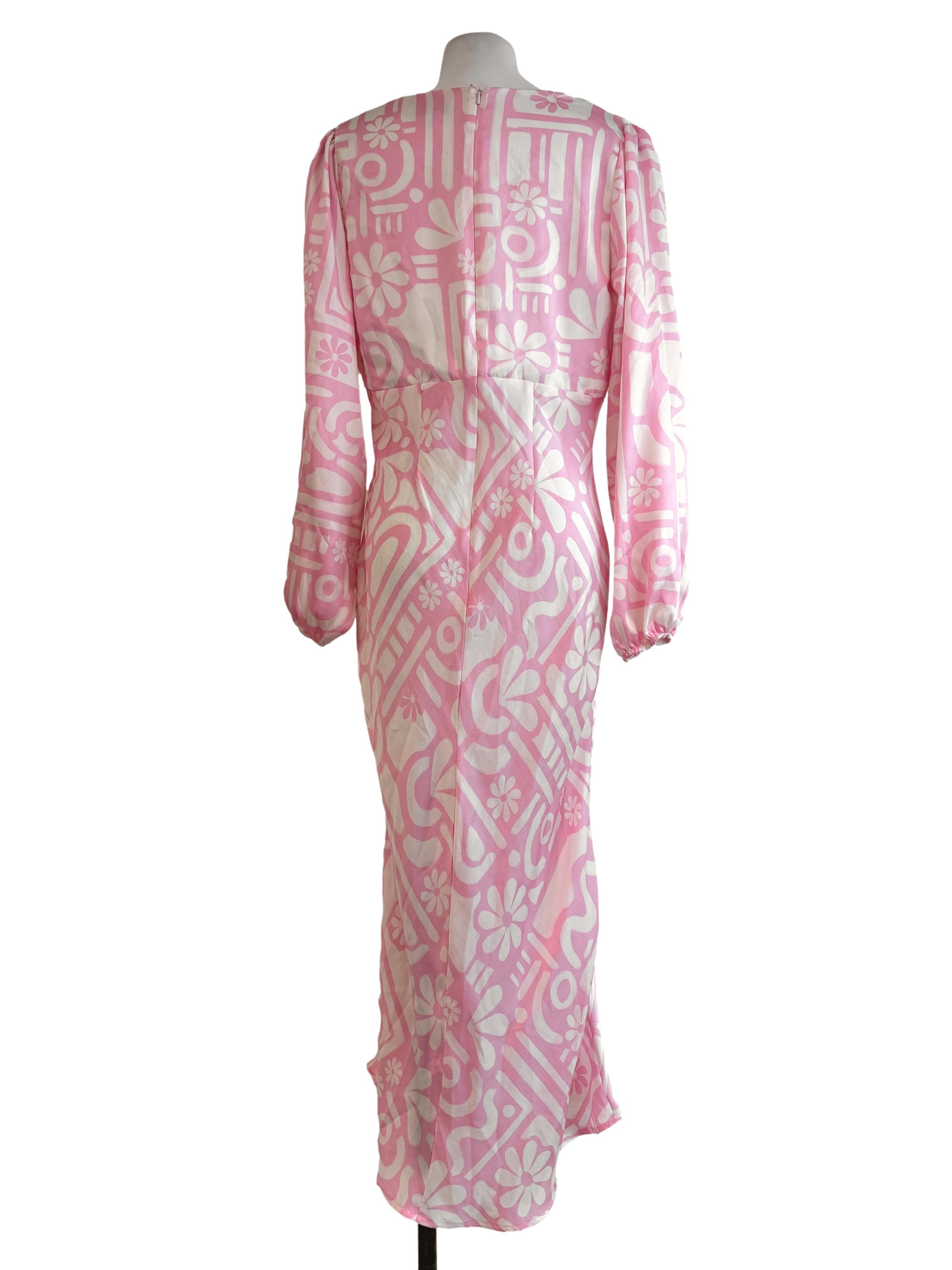 Bubblegum Pink And Cream With Floral Motif V Neck Long Dress