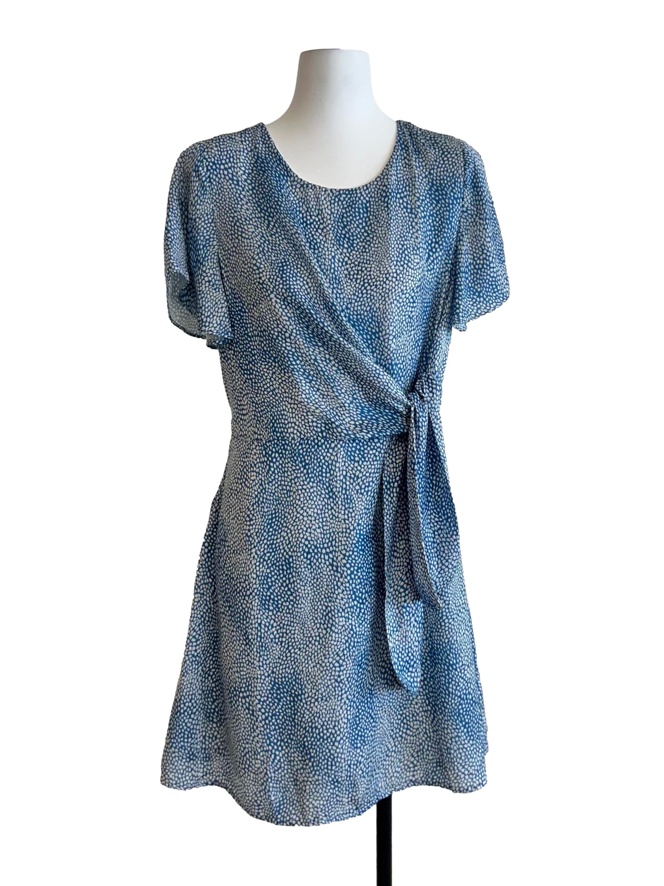 Blue And White Spotted Side Tie Mini Dress
