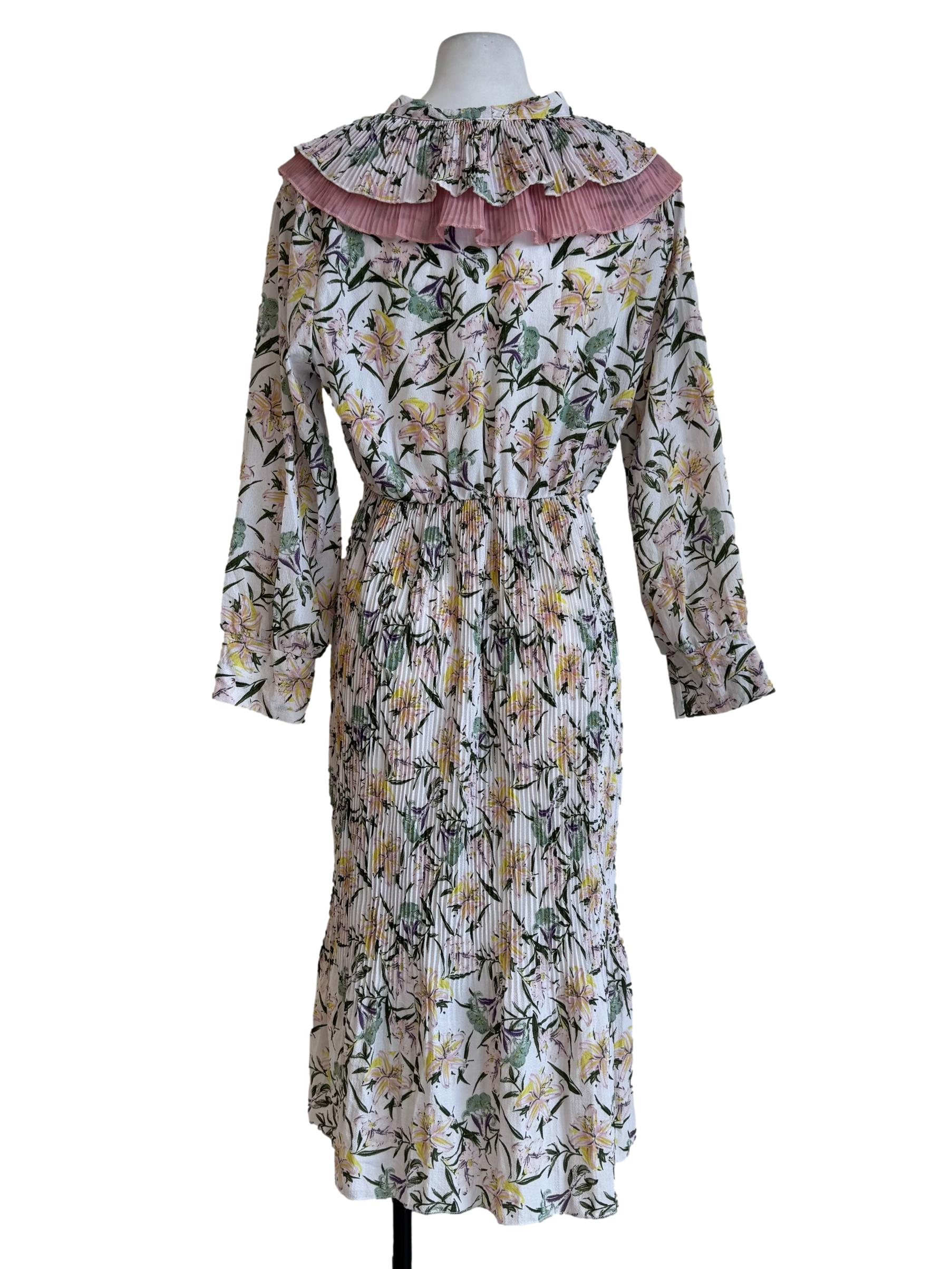 Ash White Pastel Prints Pleated Long Sleeve Dress