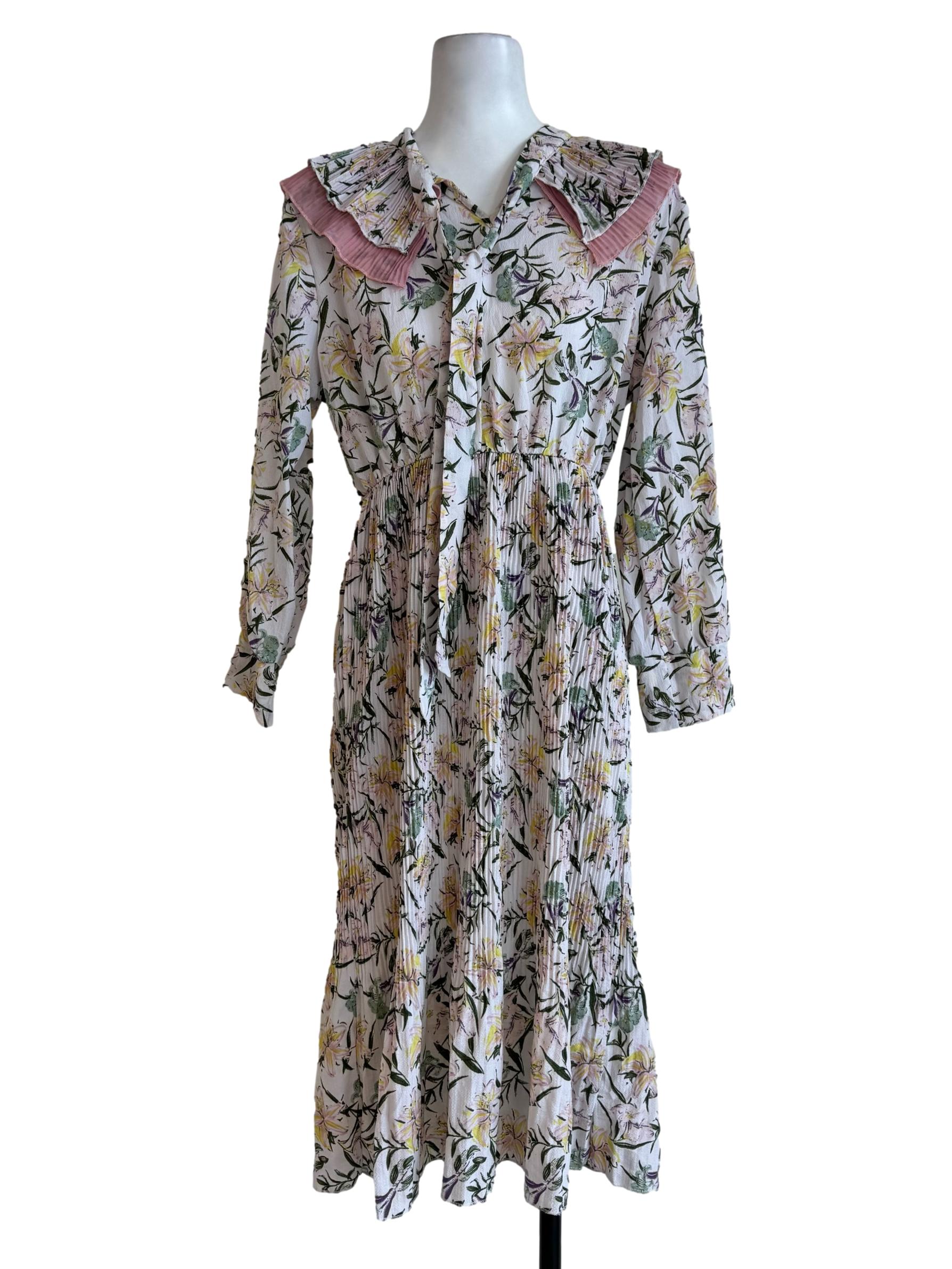 Ash White Pastel Prints Pleated Long Sleeve Dress