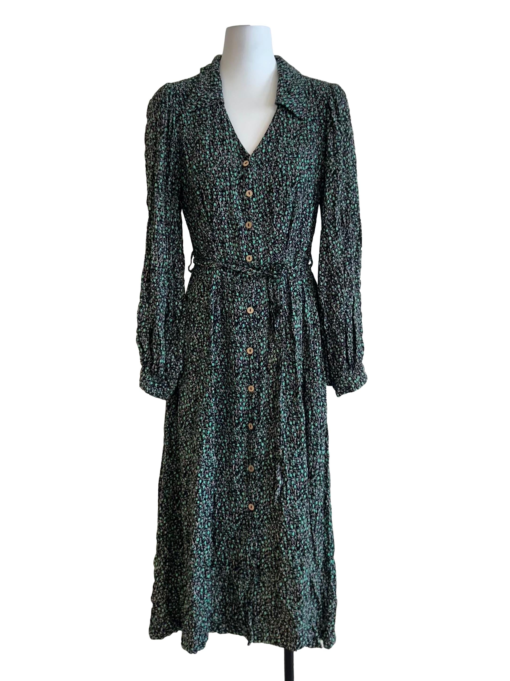 Seafoam Green Floral Long-Sleeve Shirt Dress