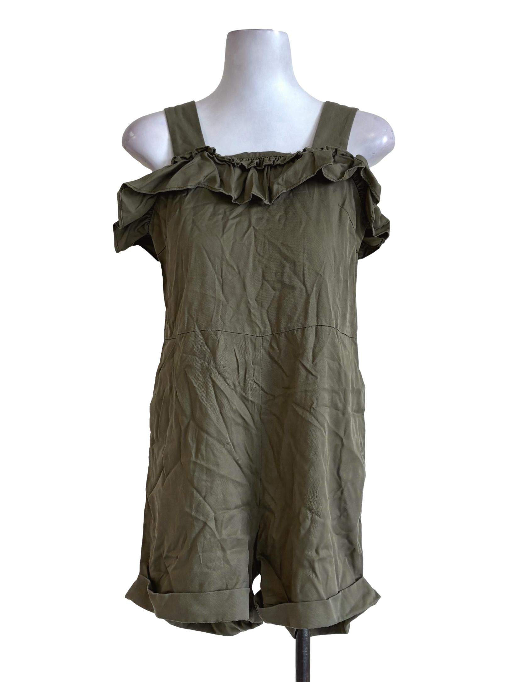 Army Green Ruffle Cuffed Leg Romper LB