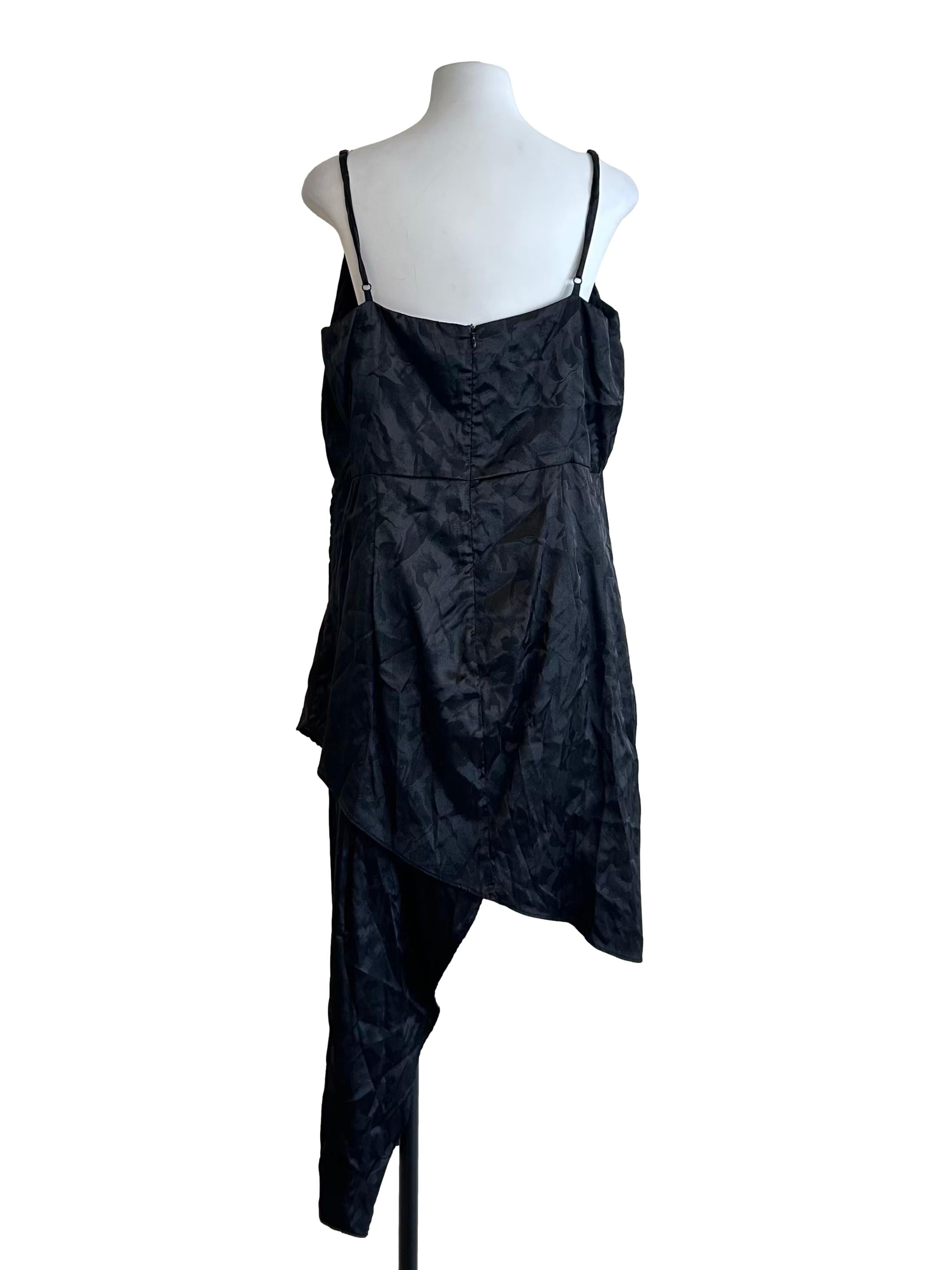 Black Satin Cowl-Neck Asymmetrical Slip Dress