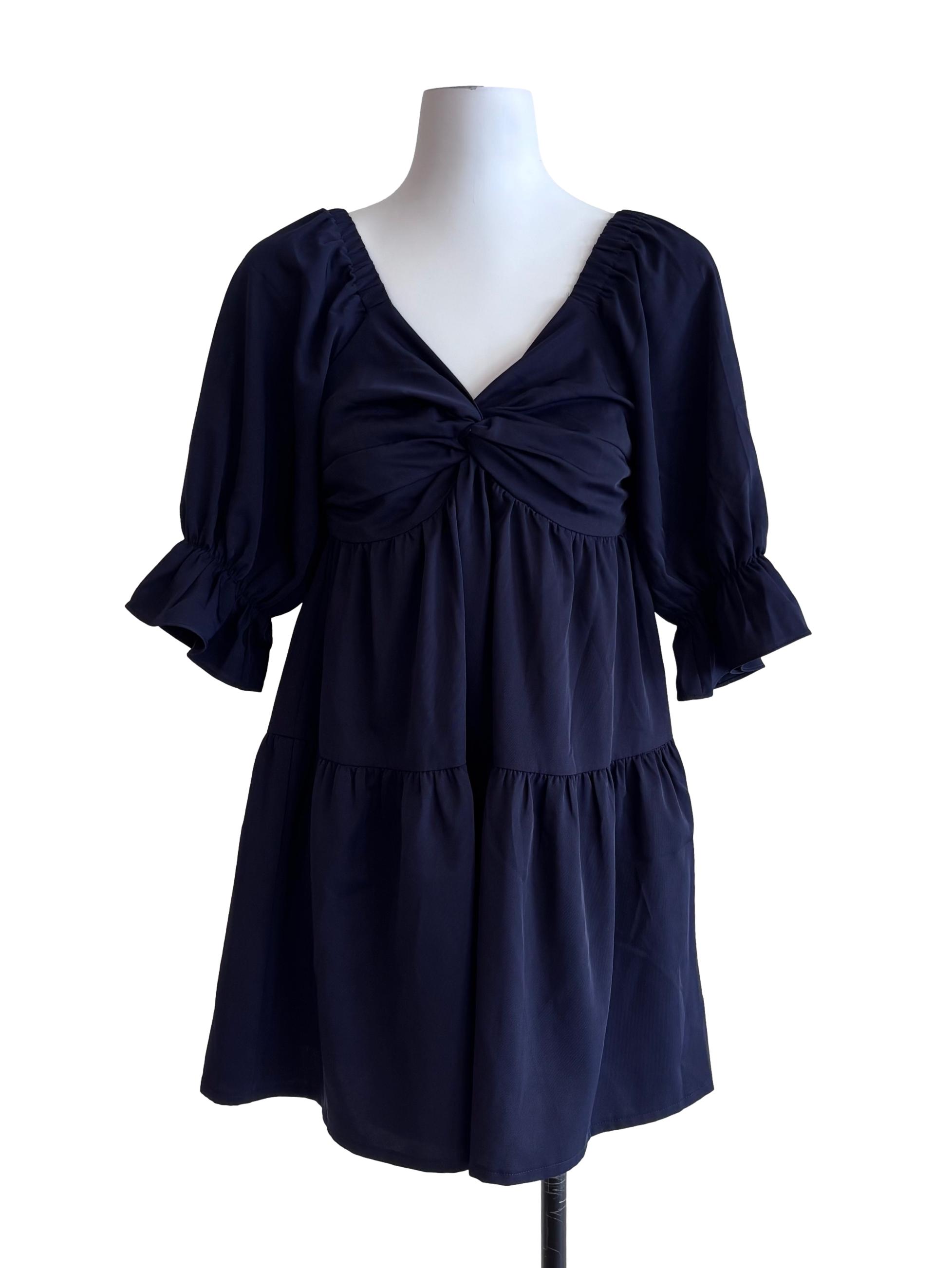 Dark Blue V Neck Tiered Mini Dress