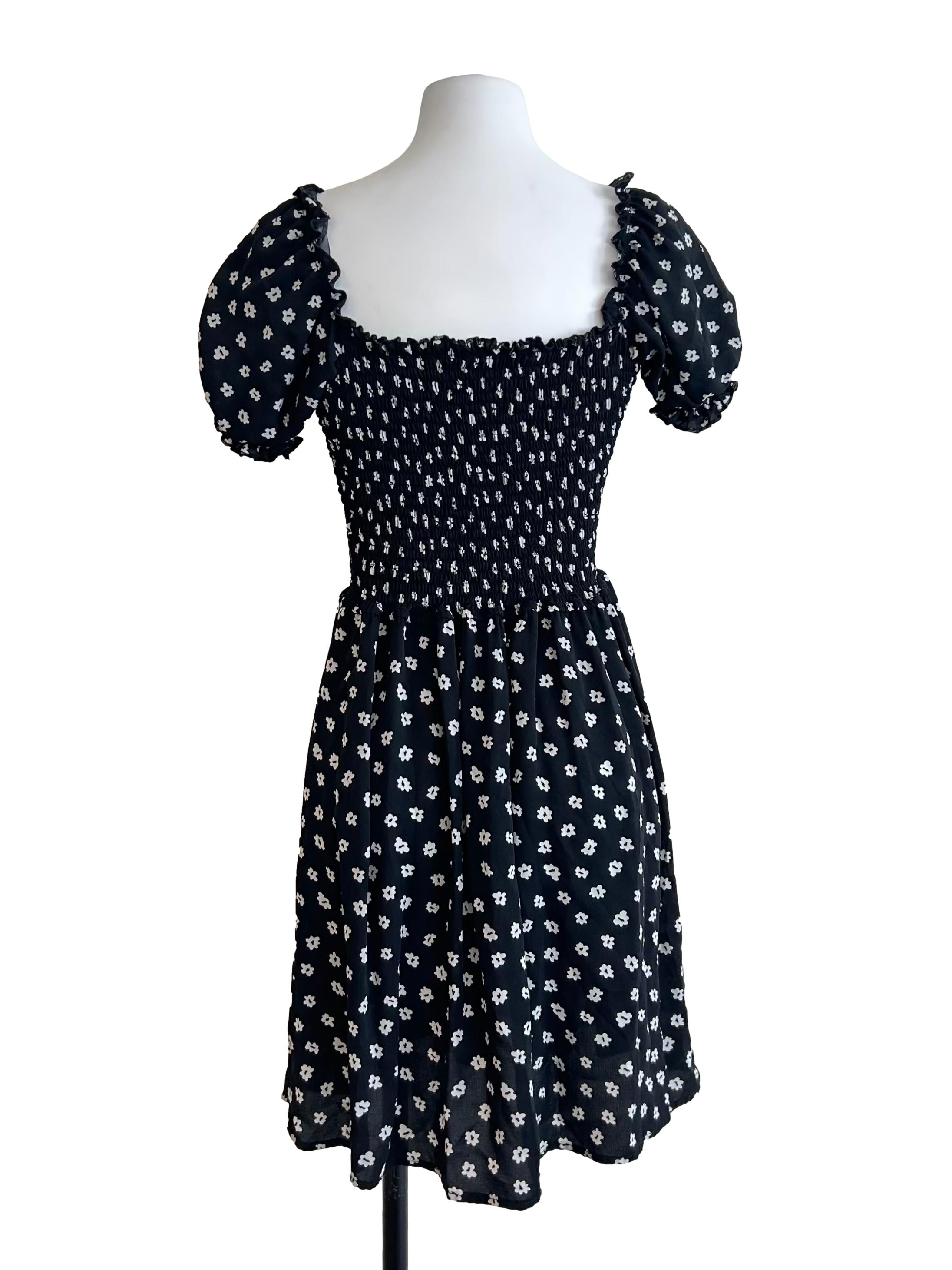 Black Floral Smocked Mini Dress