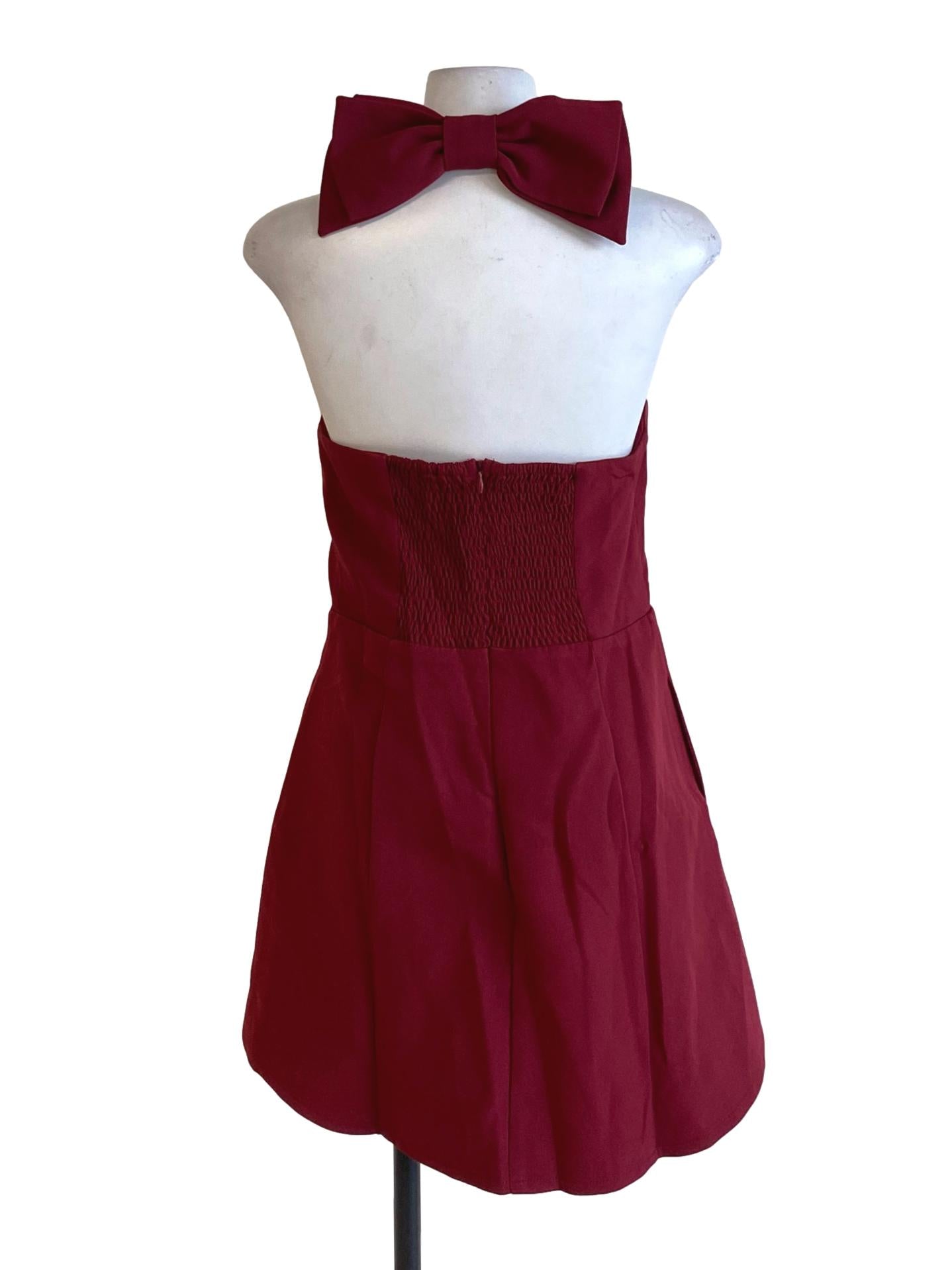 Jam Red Halter Bow Square Neck  A-Line Dress