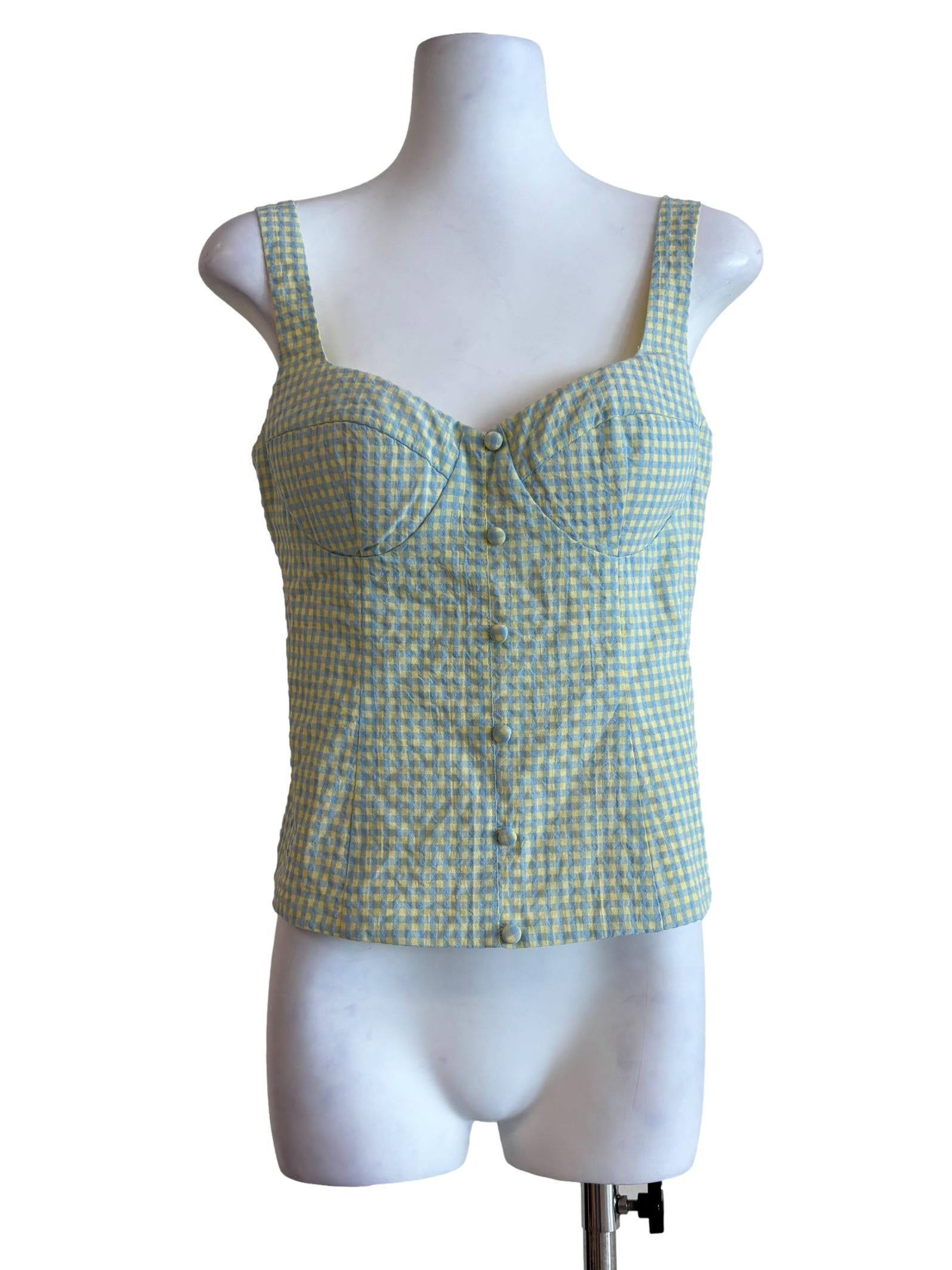 Pastel Blue And Yellow Checkered Cotton Top