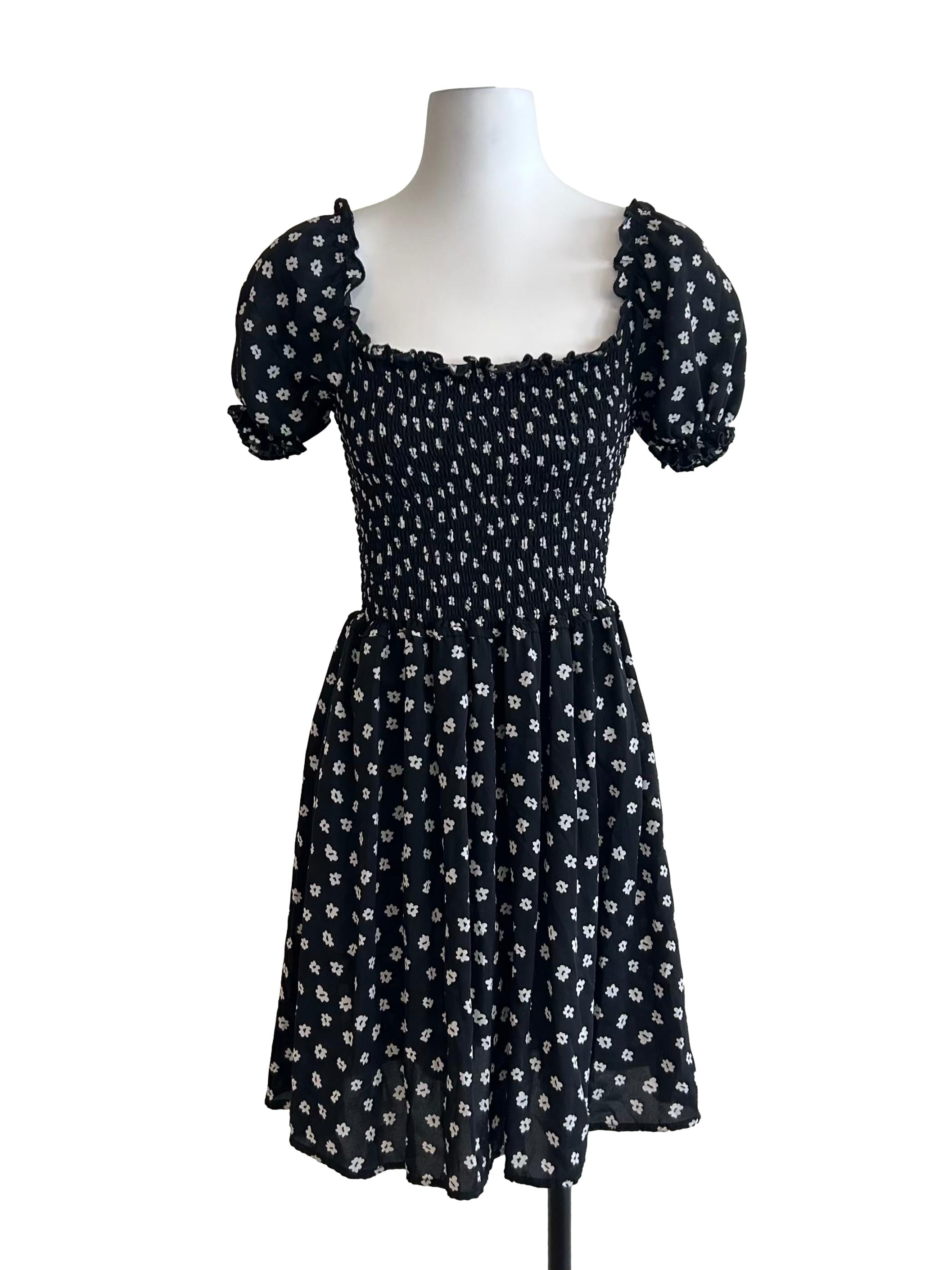 Black Floral Smocked Mini Dress