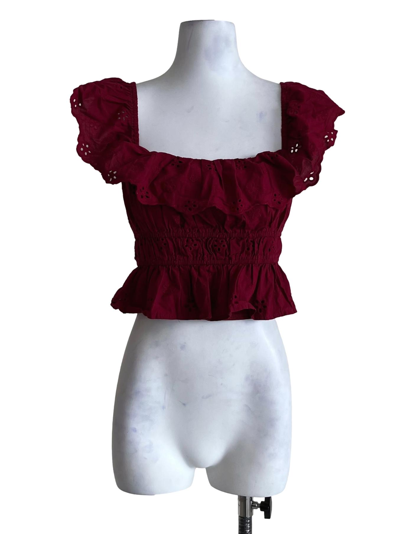 Wine Red Scoop Eyelet Blouse