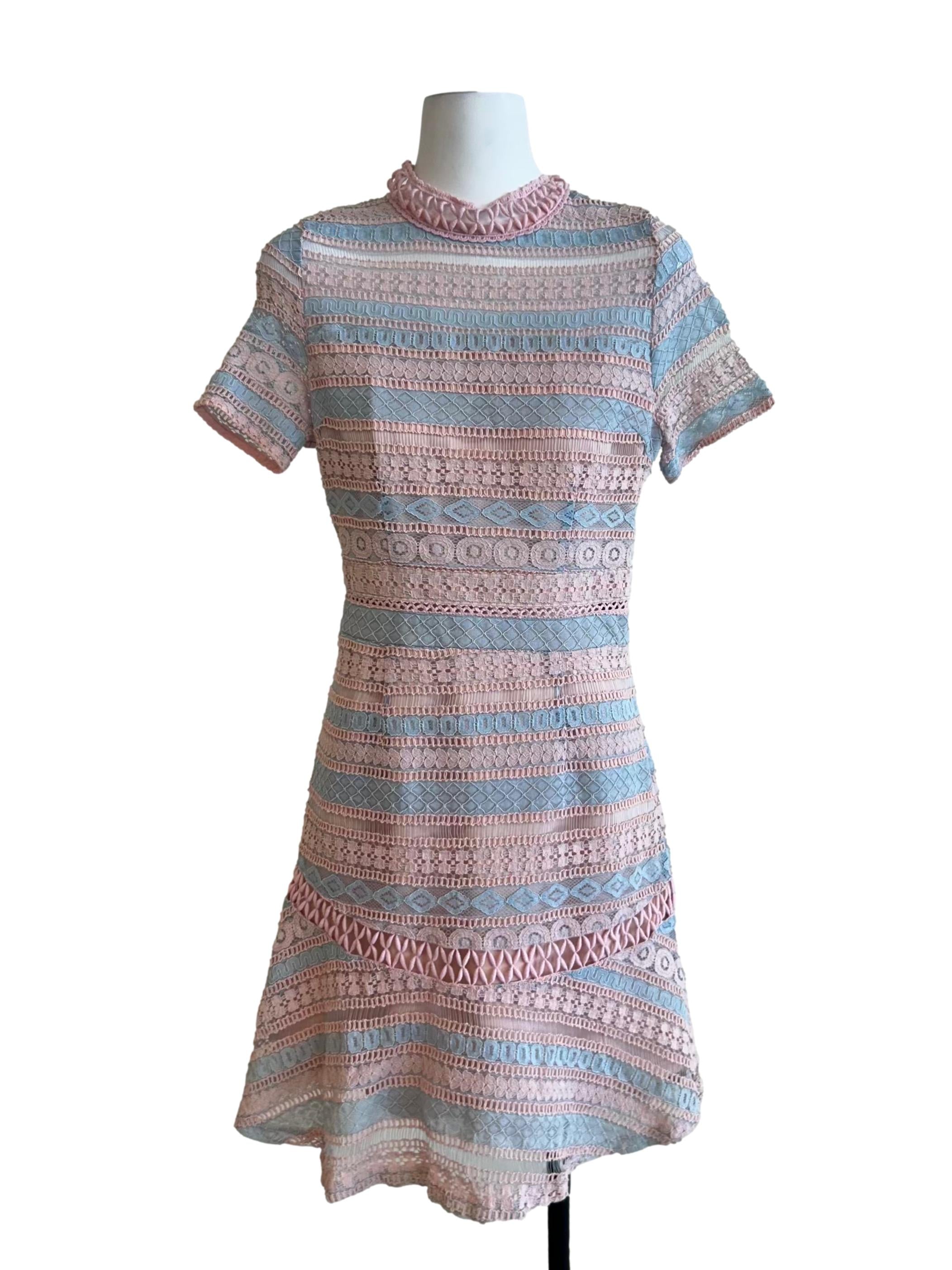 Pink And Blue Striped Lace Mini Dress