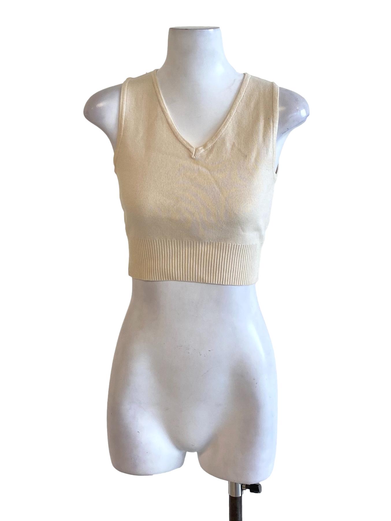 Cream White Knitted V-Neck Cropped Top