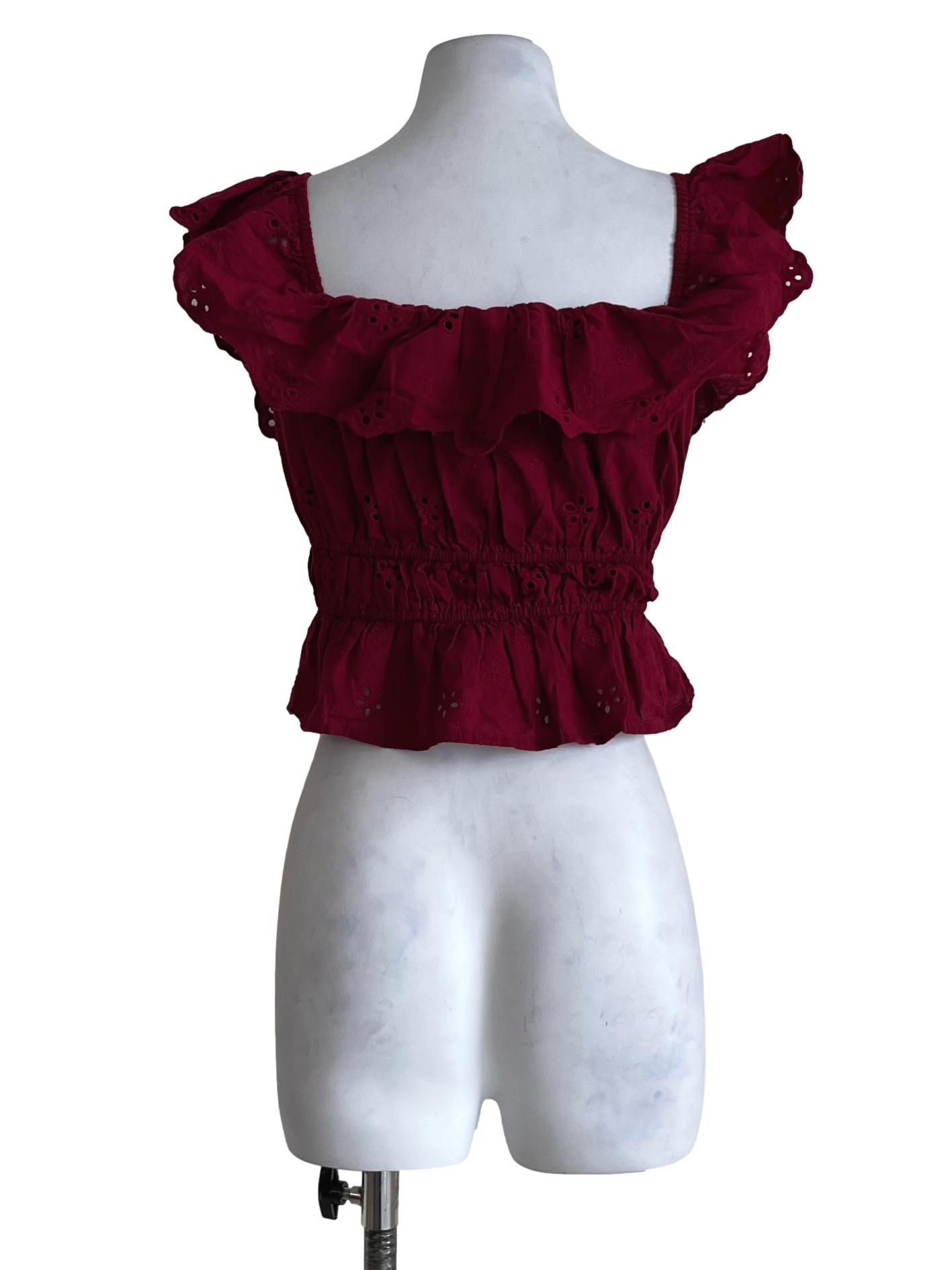Wine Red Scoop Eyelet Blouse