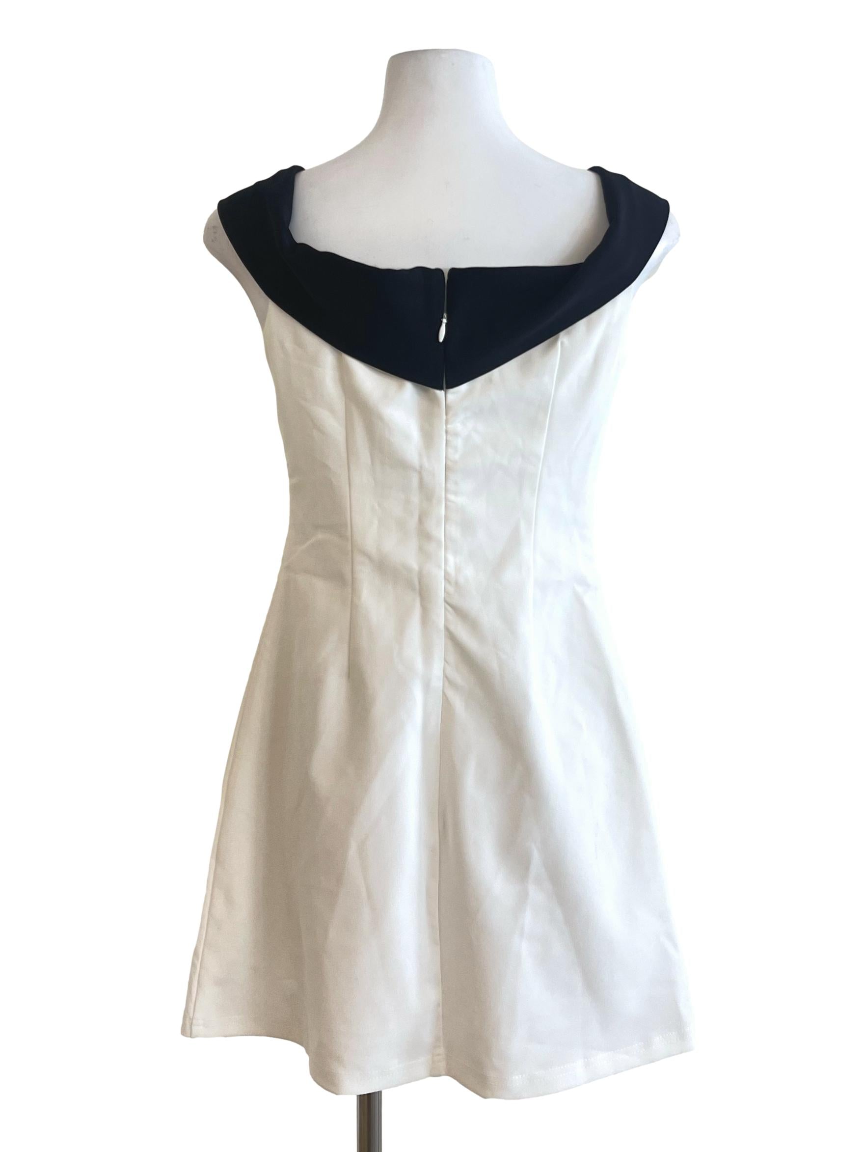 White Black Bow Notched Strap Dress
