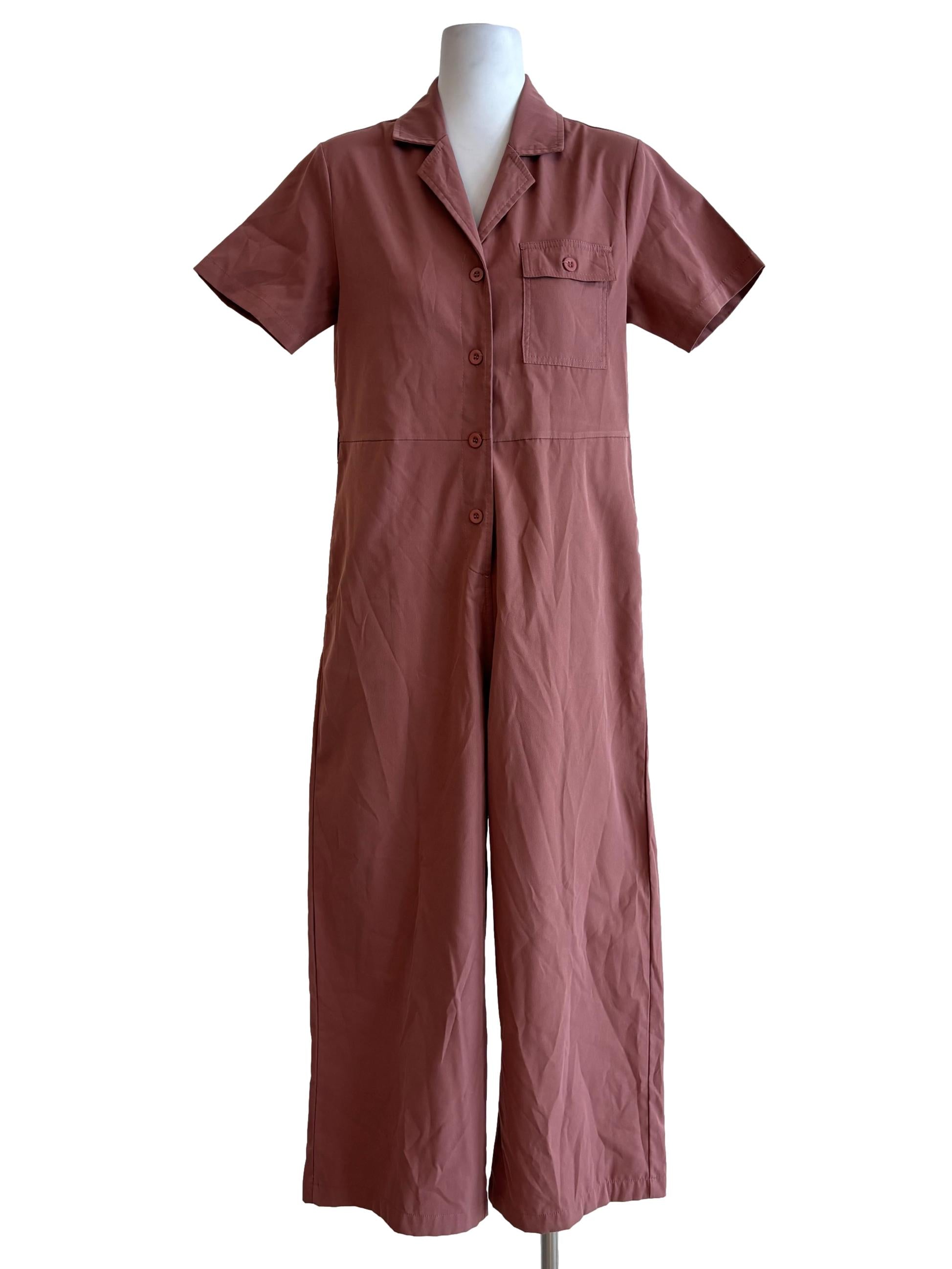 Light Ruby Short Sleeve Buttoned Jumpsuit