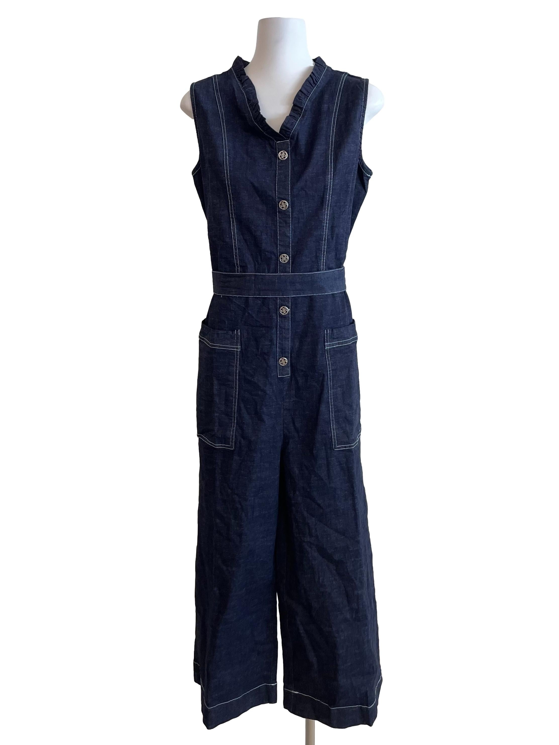 Navy Contrast Stitch Button Up Jumpsuit