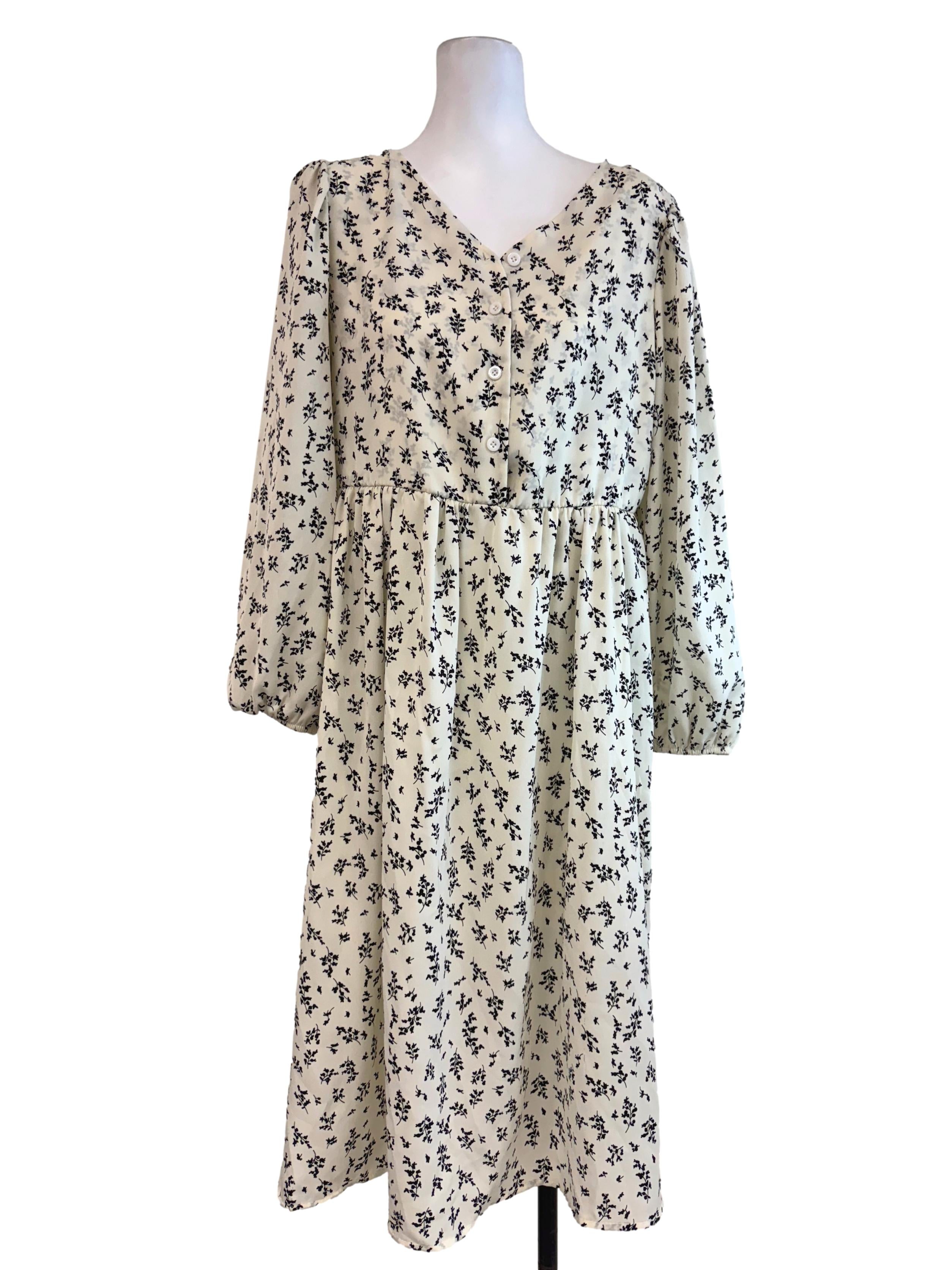 White With Black Small Floral Motif Long Dress