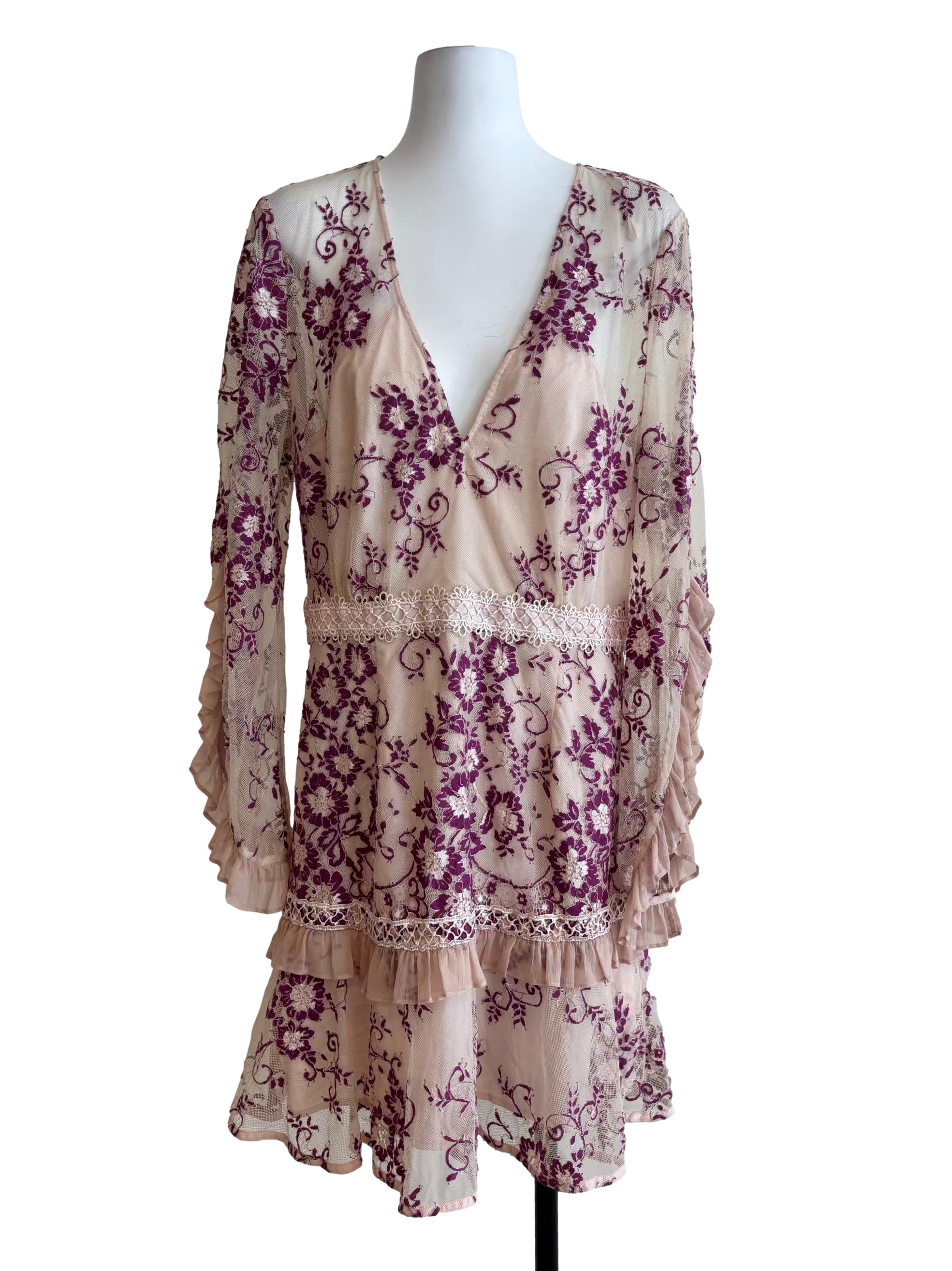 Nude Purple Embroidered Ruffle Dress