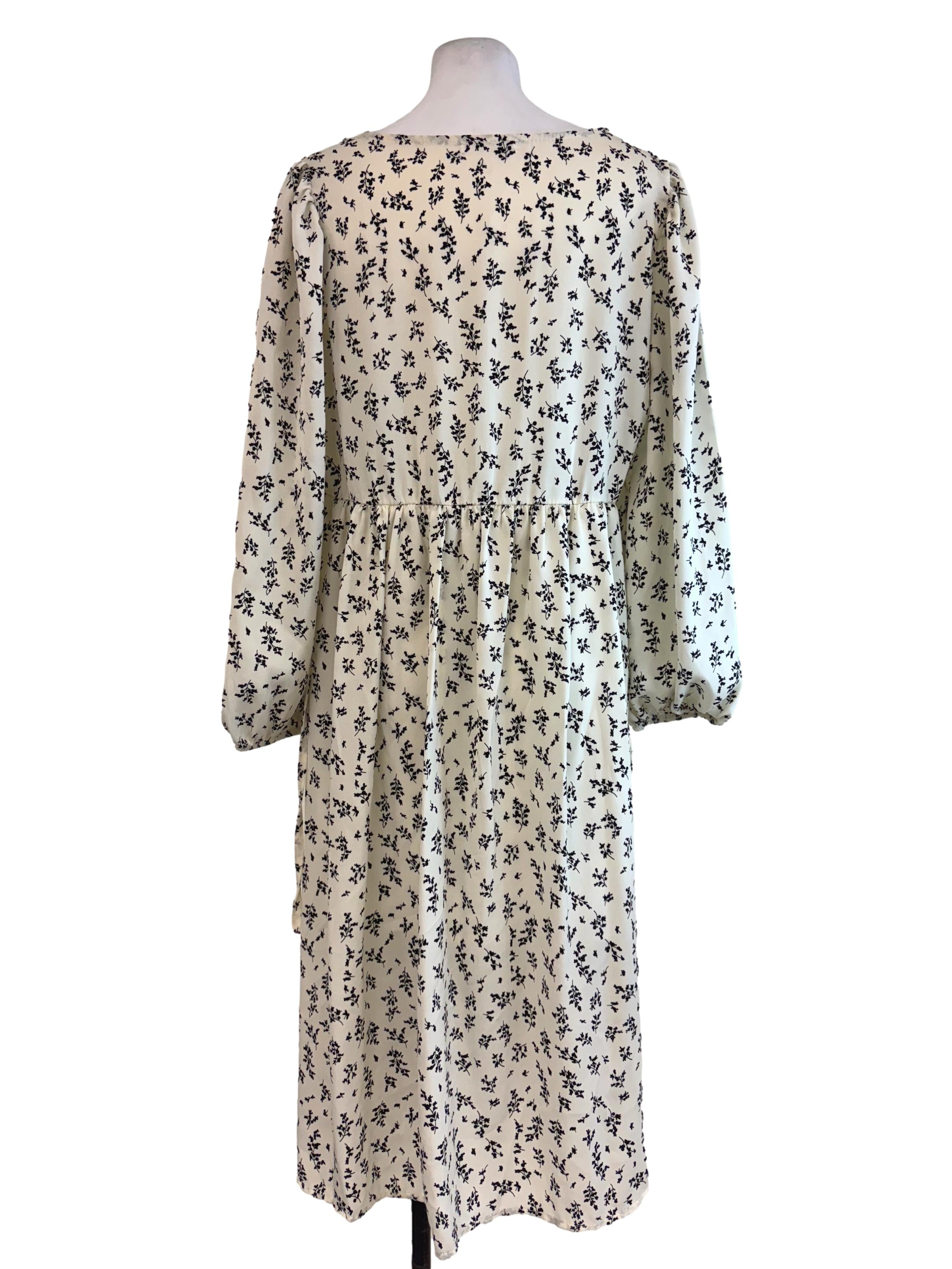 White With Black Small Floral Motif Long Dress