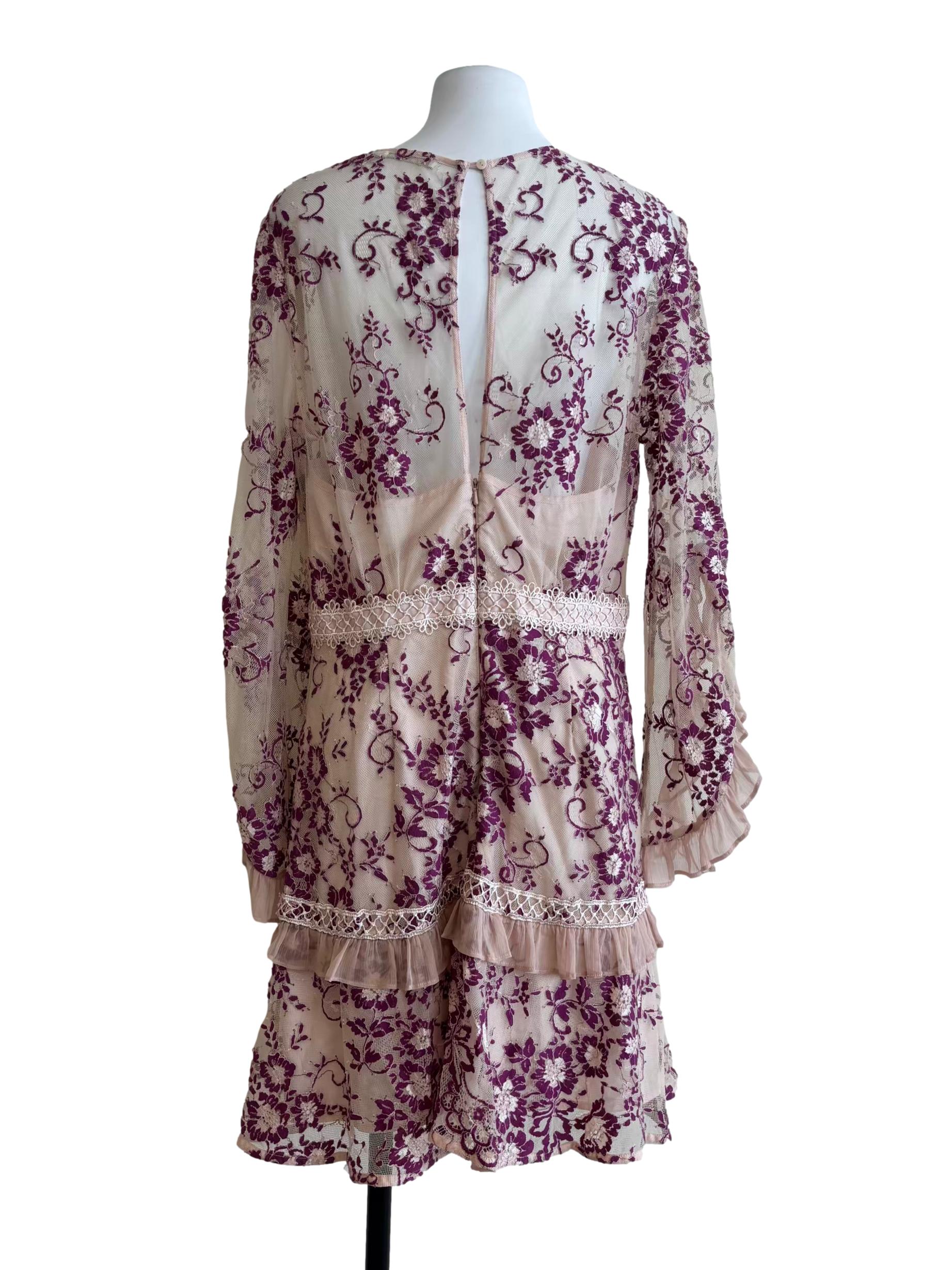 Nude Purple Embroidered Ruffle Dress