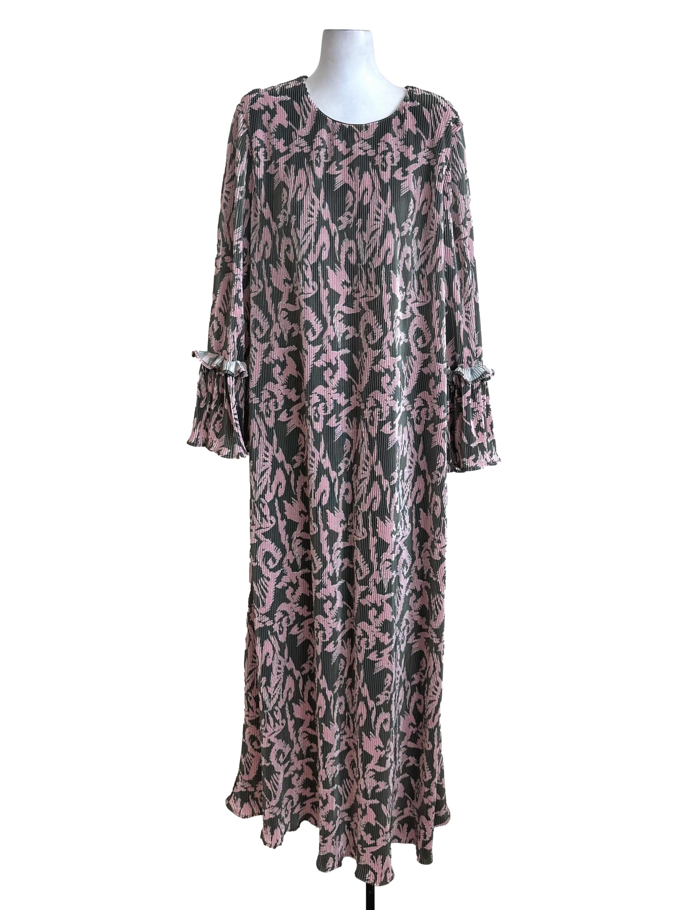 Pink Green Pleated Long Sleeve Dress