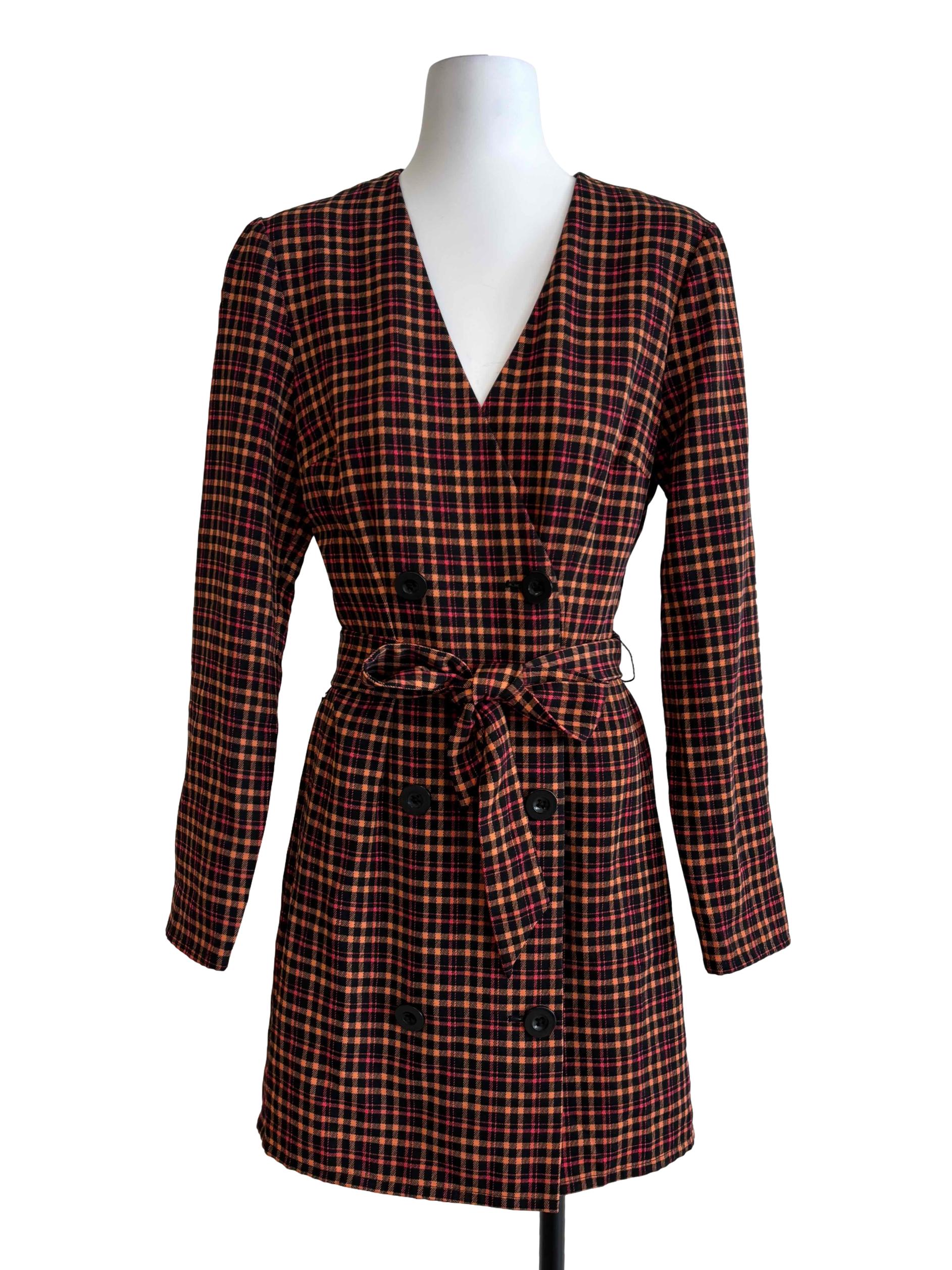 Brown And Orange Checkered Buttoned Dress
